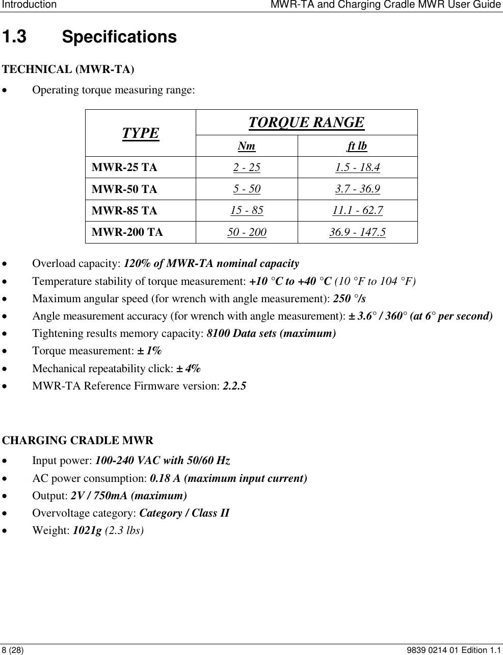 Introduction  MWR-TA and Charging Cradle MWR User Guide 8 (28)  9839 0214 01 Edition 1.1 1.3  Specifications TECHNICAL (MWR-TA)  Operating torque measuring range:  TYPE TORQUE RANGE Nm ft lb MWR-25 TA  2 - 25 1.5 - 18.4 MWR-50 TA 5 - 50 3.7 - 36.9 MWR-85 TA 15 - 85 11.1 - 62.7 MWR-200 TA 50 - 200 36.9 - 147.5  Overload capacity: 120% of MWR-TA nominal capacity   Temperature stability of torque measurement: +10 °C to +40 °C (10 °F to 104 °F)  Maximum angular speed (for wrench with angle measurement): 250 °/s  Angle measurement accuracy (for wrench with angle measurement): ± 3.6° / 360° (at 6° per second)  Tightening results memory capacity: 8100 Data sets (maximum)  Torque measurement: ± 1%  Mechanical repeatability click: ± 4%  MWR-TA Reference Firmware version: 2.2.5    CHARGING CRADLE MWR  Input power: 100-240 VAC with 50/60 Hz  AC power consumption: 0.18 A (maximum input current)  Output: 2V / 750mA (maximum)  Overvoltage category: Category / Class II  Weight: 1021g (2.3 lbs)      