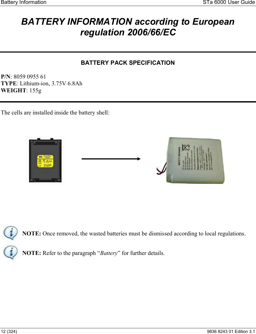 Battery Information  STa 6000 User Guide 12 (324)  9836 8243 01 Edition 3.1 BATTERY INFORMATION according to European regulation 2006/66/EC   BATTERY PACK SPECIFICATION  P/N: 8059 0955 61 TYPE: Lithium-ion, 3.75V 6.8Ah WEIGHT: 155g   The cells are installed inside the battery shell:           NOTE: Once removed, the wasted batteries must be dismissed according to local regulations.  NOTE: Battery  