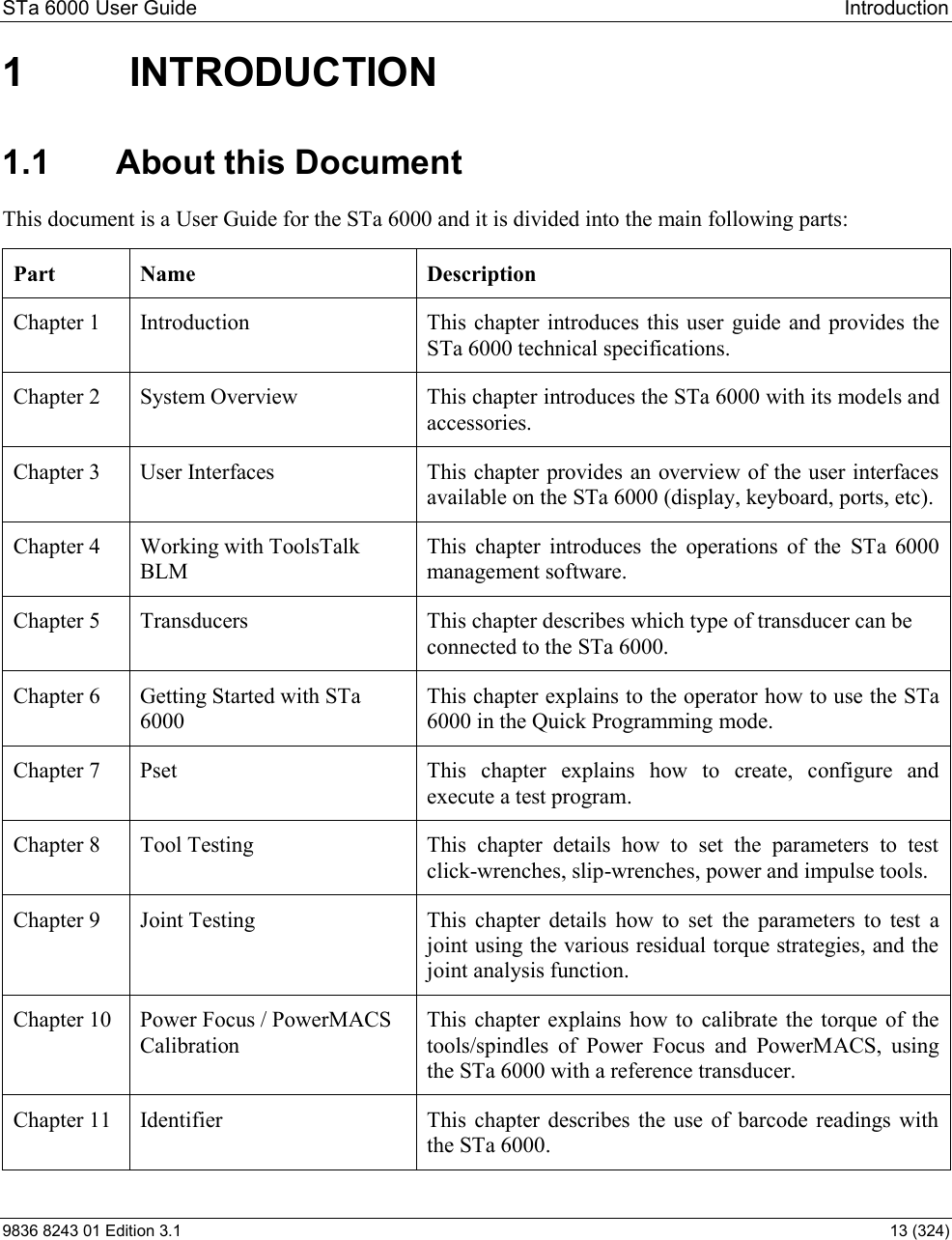 STa 6000 User Guide   Introduction 9836 8243 01 Edition 3.1    13 (324) 1  INTRODUCTION 1.1  About this Document This document is a User Guide for the STa 6000 and it is divided into the main following parts: Part  Name   Description Chapter 1  Introduction   This chapter  introduces this user  guide and provides the STa 6000 technical specifications. Chapter 2  System Overview  This chapter introduces the STa 6000 with its models and accessories.  Chapter 3  User Interfaces  This chapter provides an overview of the user interfaces available on the STa 6000 (display, keyboard, ports, etc). Chapter 4  Working with ToolsTalk BLM This  chapter  introduces  the  operations  of  the  STa  6000 management software.  Chapter 5  Transducers  This chapter describes which type of transducer can be connected to the STa 6000. Chapter 6  Getting Started with STa 6000 This chapter explains to the operator how to use the STa 6000 in the Quick Programming mode. Chapter 7  Pset  This  chapter  explains  how  to  create,  configure  and execute a test program. Chapter 8  Tool Testing  This  chapter  details  how  to  set  the  parameters  to  test click-wrenches, slip-wrenches, power and impulse tools. Chapter 9  Joint Testing  This  chapter  details  how  to  set  the  parameters  to  test  a joint using the various residual torque strategies, and the joint analysis function. Chapter 10  Power Focus / PowerMACS Calibration This  chapter  explains how to  calibrate the  torque of  the tools/spindles  of  Power  Focus  and  PowerMACS,  using the STa 6000 with a reference transducer. Chapter 11  Identifier  This  chapter  describes  the  use  of  barcode  readings with the STa 6000. 