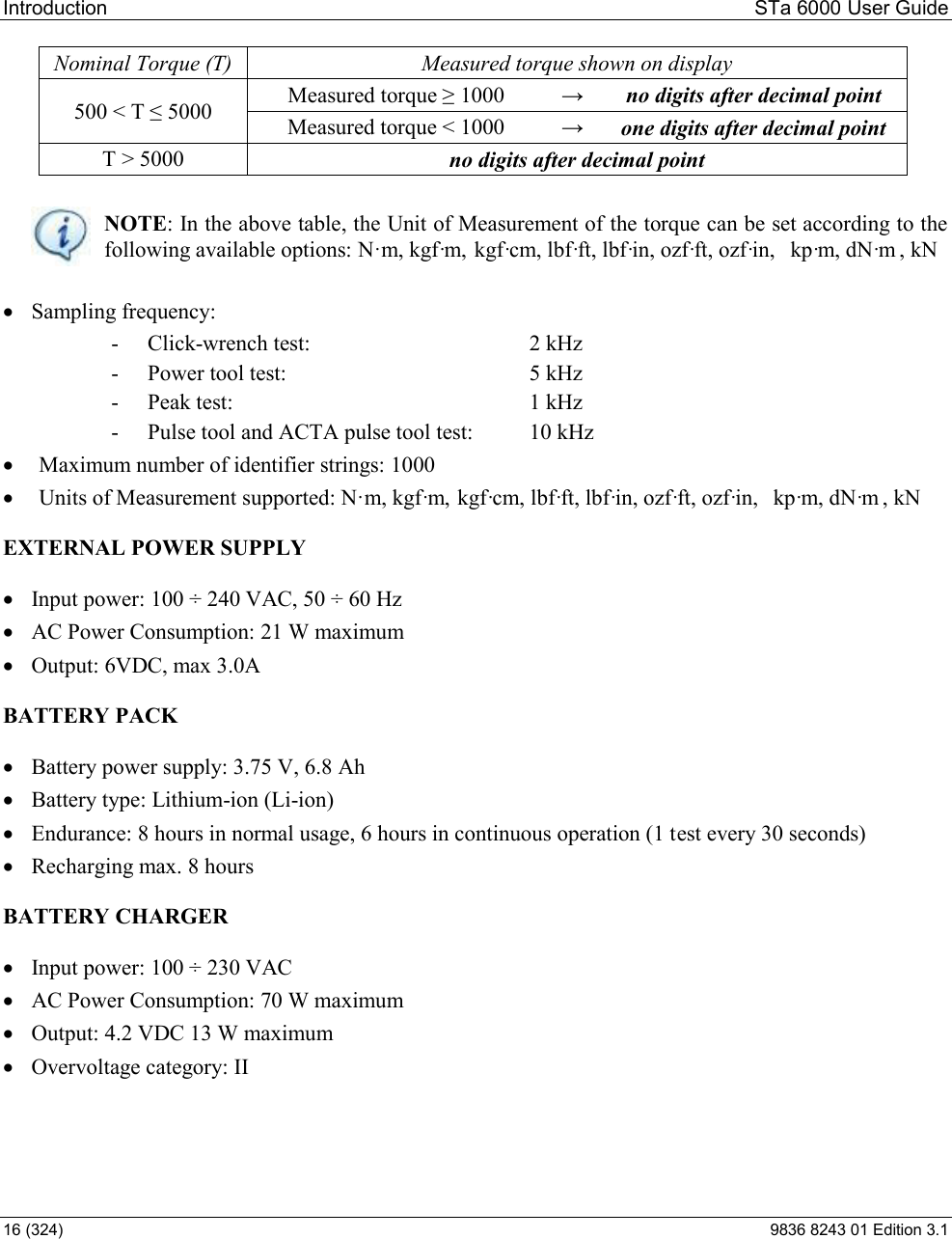 Introduction  STa 6000 User Guide 16 (324)  9836 8243 01 Edition 3.1 Nominal Torque (T)  Measured torque shown on display 500 &lt; T  5000  M 1000    no digits after decimal point Measured torque &lt; 1000    one digits after decimal point T &gt; 5000  no digits after decimal point   NOTE: In the above table, the Unit of Measurement of the torque can be set according to the following available options: N·m, kgf·m, kgf·cm, lbf·ft, lbf·in, ozf·ft, ozf·in,  kp·m, dN·m , kN   Sampling frequency: - Click-wrench test:      2 kHz - Power tool test:      5 kHz - Peak test:        1 kHz - Pulse tool and ACTA pulse tool test:   10 kHz  Maximum number of identifier strings: 1000  Units of Measurement supported: N·m, kgf·m, kgf·cm, lbf·ft, lbf·in, ozf·ft, ozf·in,  kp·m, dN·m , kN  EXTERNAL POWER SUPPLY   Input power: 100 ÷ 240 VAC, 50 ÷ 60 Hz  AC Power Consumption: 21 W maximum  Output: 6VDC, max 3.0A  BATTERY PACK   Battery power supply: 3.75 V, 6.8 Ah  Battery type: Lithium-ion (Li-ion)  Endurance: 8 hours in normal usage, 6 hours in continuous operation (1 test every 30 seconds)  Recharging max. 8 hours  BATTERY CHARGER   Input power: 100 ÷ 230 VAC  AC Power Consumption: 70 W maximum  Output: 4.2 VDC 13 W maximum  Overvoltage category: II     