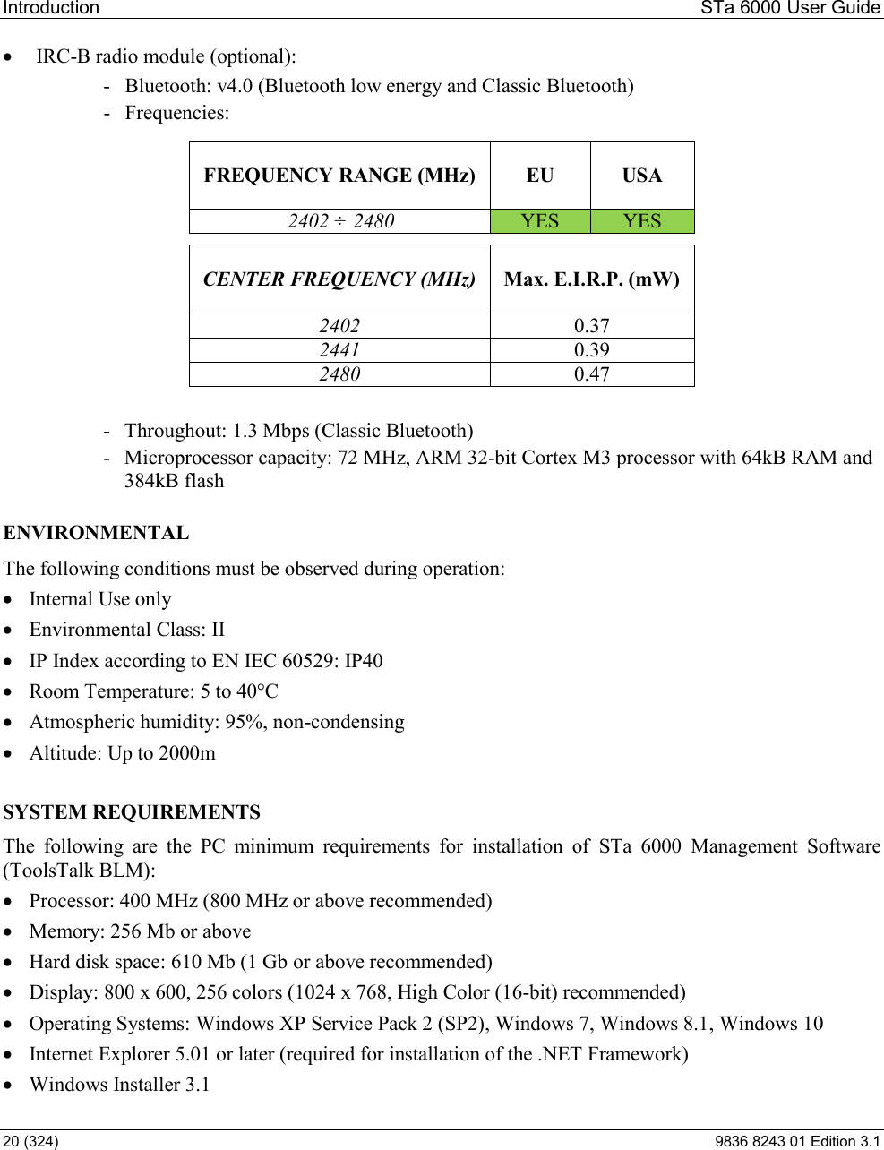 Introduction  STa 6000 User Guide 20 (324)  9836 8243 01 Edition 3.1  IRC-B radio module (optional): -   Bluetooth: v4.0 (Bluetooth low energy and Classic Bluetooth) - Frequencies:  FREQUENCY RANGE (MHz)  EU  USA 2402 ÷  2480  YES  YES  CENTER FREQUENCY (MHz)  Max. E.I.R.P. (mW) 2402  0.37 2441  0.39 2480  0.47  - Throughout: 1.3 Mbps (Classic Bluetooth) - Microprocessor capacity: 72 MHz, ARM 32-bit Cortex M3 processor with 64kB RAM and 384kB flash  ENVIRONMENTAL  The following conditions must be observed during operation:  Internal Use only  Environmental Class: II  IP Index according to EN IEC 60529: IP40   Room Temperature: 5 to 40°C  Atmospheric humidity: 95%, non-condensing  Altitude: Up to 2000m  SYSTEM REQUIREMENTS  The  following  are  the  PC  minimum  requirements  for  installation  of  STa  6000  Management  Software (ToolsTalk BLM):  Processor: 400 MHz (800 MHz or above recommended)  Memory: 256 Mb or above  Hard disk space: 610 Mb (1 Gb or above recommended)  Display: 800 x 600, 256 colors (1024 x 768, High Color (16-bit) recommended)  Operating Systems: Windows XP Service Pack 2 (SP2), Windows 7, Windows 8.1, Windows 10   Internet Explorer 5.01 or later (required for installation of the .NET Framework)  Windows Installer 3.1 