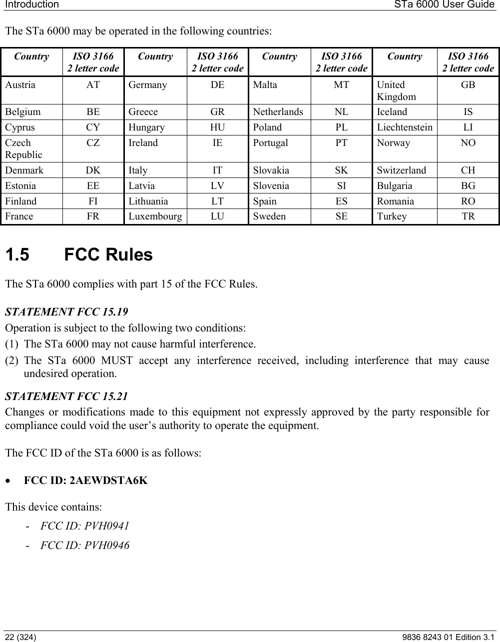 Introduction  STa 6000 User Guide 22 (324)  9836 8243 01 Edition 3.1 The STa 6000 may be operated in the following countries:  Country  ISO 3166 2 letter code Country  ISO 3166 2 letter code Country  ISO 3166 2 letter code Country  ISO 3166 2 letter code Austria  AT  Germany  DE  Malta  MT  United Kingdom GB Belgium  BE  Greece  GR  Netherlands  NL  Iceland  IS Cyprus  CY  Hungary  HU  Poland  PL  Liechtenstein  LI Czech Republic CZ  Ireland  IE  Portugal  PT  Norway  NO Denmark  DK  Italy  IT  Slovakia  SK  Switzerland  CH Estonia  EE  Latvia  LV  Slovenia  SI  Bulgaria  BG Finland  FI  Lithuania  LT  Spain  ES  Romania  RO France  FR  Luxembourg  LU  Sweden  SE  Turkey  TR 1.5  FCC Rules The STa 6000 complies with part 15 of the FCC Rules.  STATEMENT FCC 15.19 Operation is subject to the following two conditions: (1) The STa 6000 may not cause harmful interference. (2) The  STa  6000  MUST  accept  any  interference  received,  including  interference  that  may  cause undesired operation. STATEMENT FCC 15.21 Changes or  modifications  made to  this  equipment not expressly approved  by  the  party  responsible for   The FCC ID of the STa 6000 is as follows:    FCC ID: 2AEWDSTA6K   This device contains:  - FCC ID: PVH0941  - FCC ID: PVH0946  