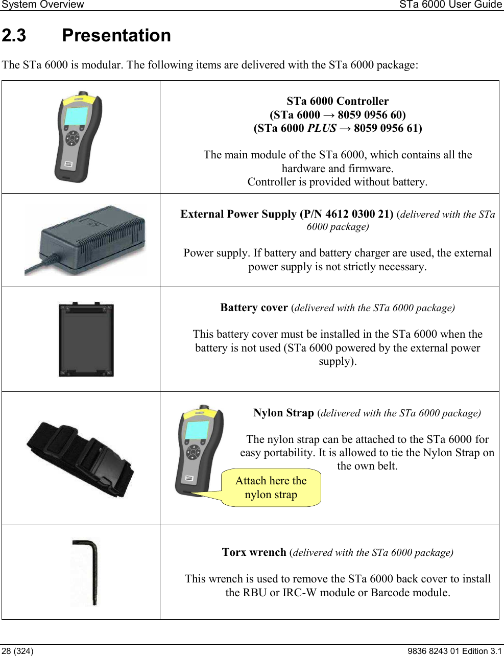 System Overview  STa 6000 User Guide 28 (324)  9836 8243 01 Edition 3.1 2.3  Presentation The STa 6000 is modular. The following items are delivered with the STa 6000 package:    STa 6000 Controller  (STa 6000 PLUS 1)  The main module of the STa 6000, which contains all the hardware and firmware. Controller is provided without battery.   External Power Supply (P/N 4612 0300 21) (delivered with the STa 6000 package)  Power supply. If battery and battery charger are used, the external power supply is not strictly necessary.    Battery cover (delivered with the STa 6000 package)  This battery cover must be installed in the STa 6000 when the battery is not used (STa 6000 powered by the external power supply).   Nylon Strap (delivered with the STa 6000 package)  The nylon strap can be attached to the STa 6000 for easy portability. It is allowed to tie the Nylon Strap on the own belt.  Torx wrench (delivered with the STa 6000 package)  This wrench is used to remove the STa 6000 back cover to install the RBU or IRC-W module or Barcode module. Attach here the nylon strap 