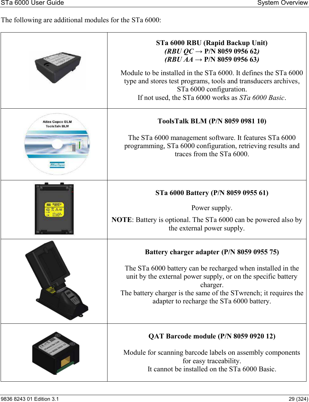 STa 6000 User Guide   System Overview 9836 8243 01 Edition 3.1    29 (324) The following are additional modules for the STa 6000:    STa 6000 RBU (Rapid Backup Unit)  (RBU QC ) (RBU AA P/N 8059 0956 63)  Module to be installed in the STa 6000. It defines the STa 6000 type and stores test programs, tools and transducers archives, STa 6000 configuration. If not used, the STa 6000 works as STa 6000 Basic.    ToolsTalk BLM (P/N 8059 0981 10)  The STa 6000 management software. It features STa 6000 programming, STa 6000 configuration, retrieving results and traces from the STa 6000.    STa 6000 Battery (P/N 8059 0955 61)  Power supply.  NOTE: Battery is optional. The STa 6000 can be powered also by the external power supply.    Battery charger adapter (P/N 8059 0955 75)  The STa 6000 battery can be recharged when installed in the unit by the external power supply, or on the specific battery charger. The battery charger is the same of the STwrench; it requires the adapter to recharge the STa 6000 battery.    QAT Barcode module (P/N 8059 0920 12)  Module for scanning barcode labels on assembly components for easy traceability. It cannot be installed on the STa 6000 Basic. 