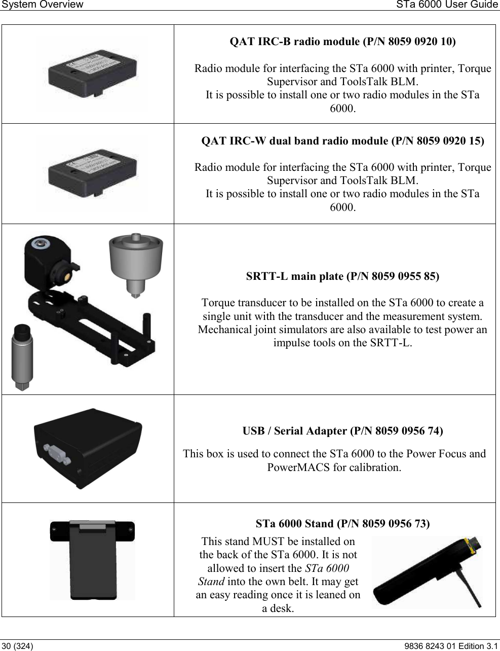 System Overview  STa 6000 User Guide 30 (324)  9836 8243 01 Edition 3.1   QAT IRC-B radio module (P/N 8059 0920 10)  Radio module for interfacing the STa 6000 with printer, Torque Supervisor and ToolsTalk BLM. It is possible to install one or two radio modules in the STa 6000.    QAT IRC-W dual band radio module (P/N 8059 0920 15)  Radio module for interfacing the STa 6000 with printer, Torque Supervisor and ToolsTalk BLM. It is possible to install one or two radio modules in the STa 6000.        SRTT-L main plate (P/N 8059 0955 85)  Torque transducer to be installed on the STa 6000 to create a single unit with the transducer and the measurement system. Mechanical joint simulators are also available to test power an impulse tools on the SRTT-L.  USB / Serial Adapter (P/N 8059 0956 74)  This box is used to connect the STa 6000 to the Power Focus and PowerMACS for calibration.   STa 6000 Stand (P/N 8059 0956 73)  This stand MUST be installed on the back of the STa 6000. It is not allowed to insert the STa 6000 Stand into the own belt. It may get an easy reading once it is leaned on a desk. 