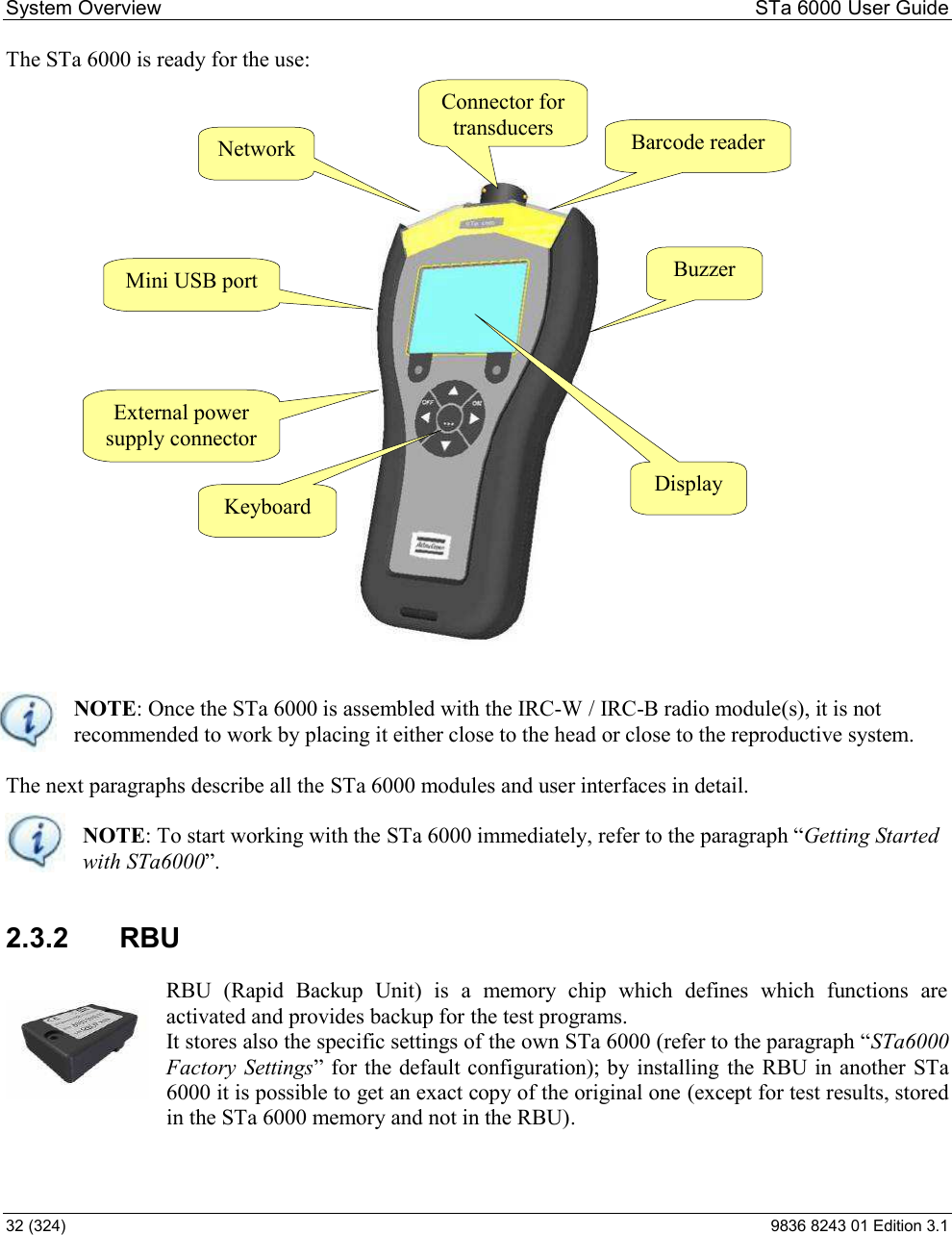 System Overview  STa 6000 User Guide 32 (324)  9836 8243 01 Edition 3.1 The STa 6000 is ready for the use:   NOTE: Once the STa 6000 is assembled with the IRC-W / IRC-B radio module(s), it is not recommended to work by placing it either close to the head or close to the reproductive system.  The next paragraphs describe all the STa 6000 modules and user interfaces in detail.   NOTE: To start working with the STa 6000 immediately, Getting Started with STa6000  2.3.2  RBU  RBU  (Rapid  Backup  Unit)  is  a  memory  chip  which  defines  which  functions  are activated and provides backup for the test programs.  It stores also the specific settings of the own STa 6000 (STa6000 Factory Settingsthe default configuration); by installing  the  RBU in another STa 6000 it is possible to get an exact copy of the original one (except for test results, stored in the STa 6000 memory and not in the RBU).  Display Buzzer Barcode reader Keyboard External power supply connector Mini USB port Network Connector for transducers 