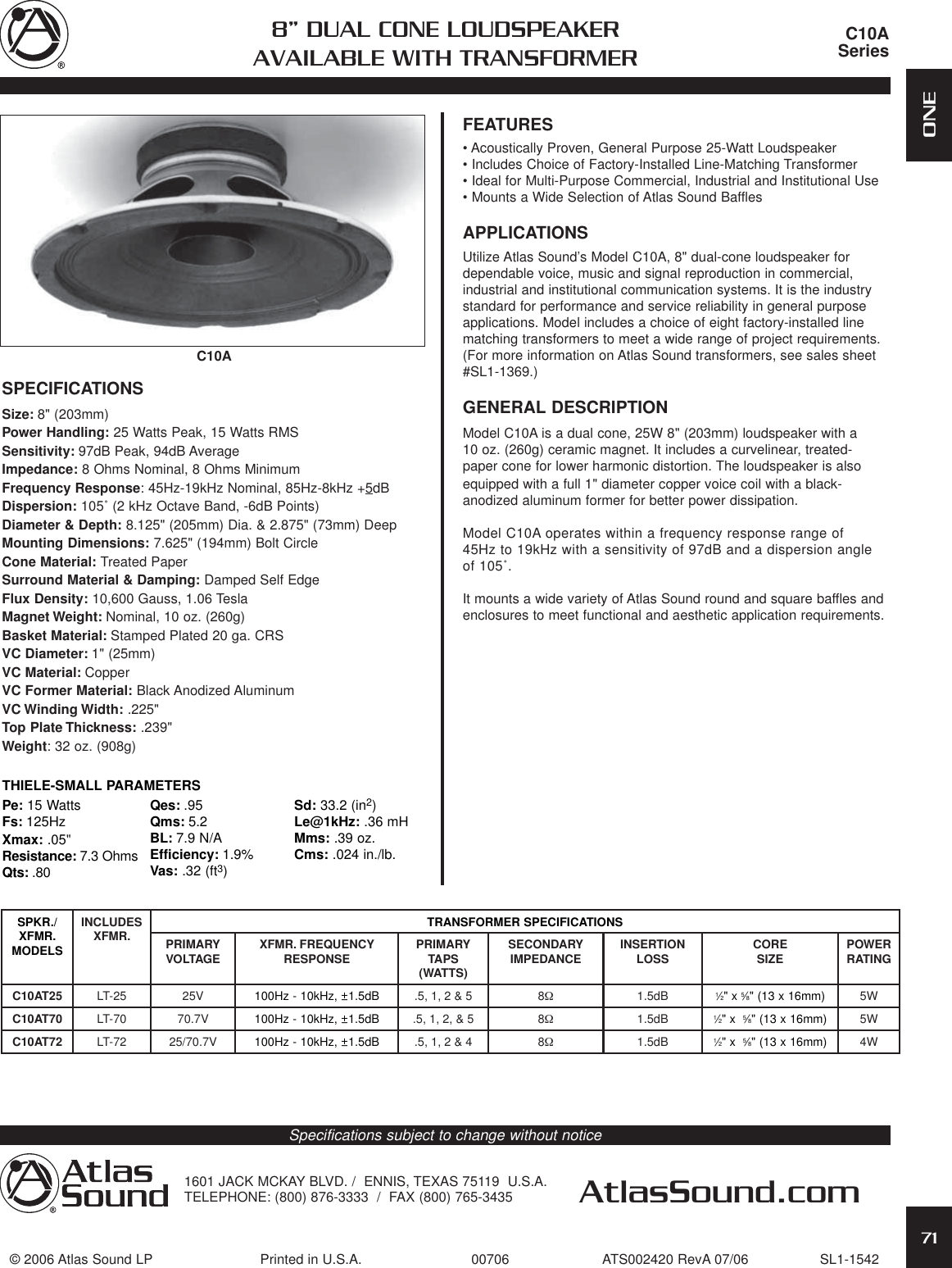 Page 1 of 2 - Atlas-Sound Atlas-Sound-C10A-Series-Users-Manual-  Atlas-sound-c10a-series-users-manual