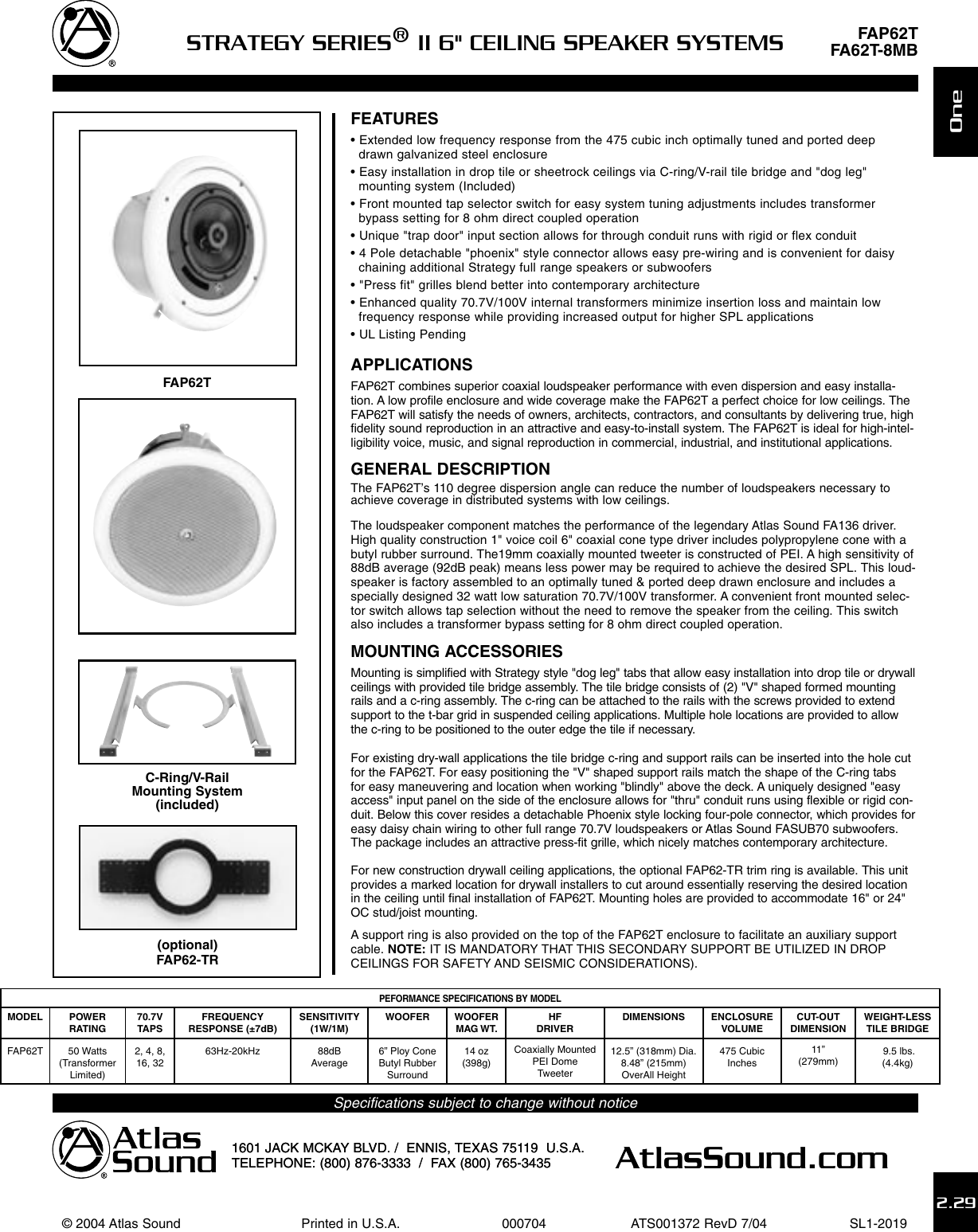 Page 1 of 3 - Atlas-Sound Atlas-Sound-Fap62T-Users-Manual- Sec 01 Pg1.106 RevB 4  Atlas-sound-fap62t-users-manual