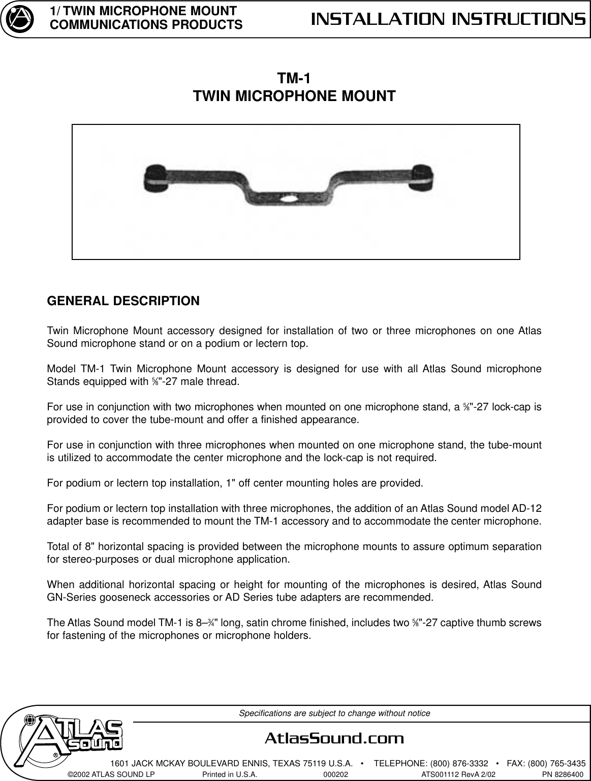 Page 1 of 1 - Atlas-Sound Atlas-Sound-Tm-1-Users-Manual-  Atlas-sound-tm-1-users-manual