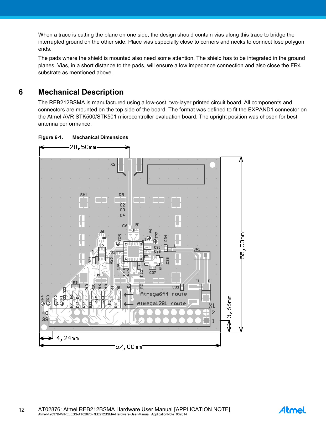  AT02876: Atmel REB212BSMA Hardware User Manual [APPLICATION NOTE] Atmel-42097B-WIRELESS-AT02876-REB212BSMA-Hardware-User-Manual_ApplicationNote_062014  12 When a trace is cutting the plane on one side, the design should contain vias along this trace to bridge the interrupted ground on the other side. Place vias especially close to corners and necks to connect lose polygon ends. The pads where the shield is mounted also need some attention. The shield has to be integrated in the ground planes. Vias, in a short distance to the pads, will ensure a low impedance connection and also close the FR4 substrate as mentioned above. 6  Mechanical Description The REB212BSMA is manufactured using a low-cost, two-layer printed circuit board. All components and connectors are mounted on the top side of the board. The format was defined to fit the EXPAND1 connector on the Atmel AVR STK500/STK501 microcontroller evaluation board. The upright position was chosen for best antenna performance. Figure 6-1. Mechanical Dimensions  