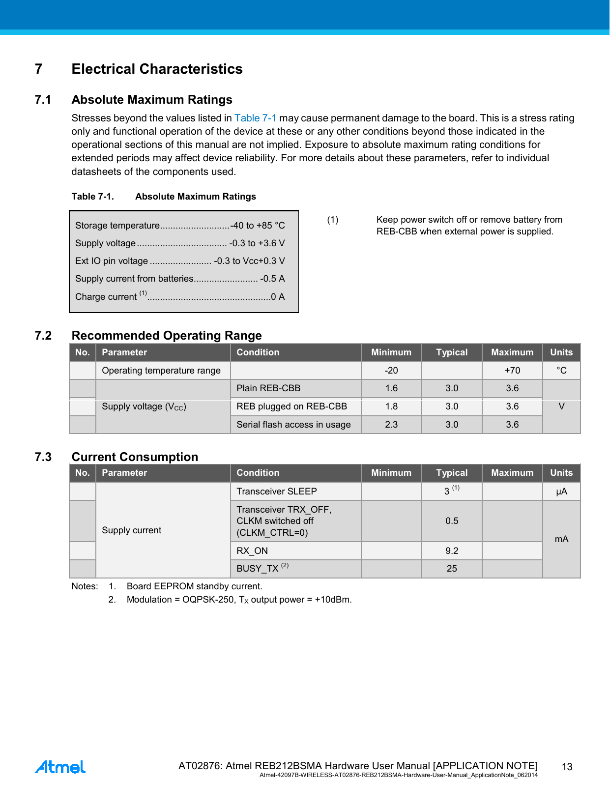  AT02876: Atmel REB212BSMA Hardware User Manual [APPLICATION NOTE] Atmel-42097B-WIRELESS-AT02876-REB212BSMA-Hardware-User-Manual_ApplicationNote_062014  13 7  Electrical Characteristics 7.1 Absolute Maximum Ratings Stresses beyond the values listed in Table 7-1 may cause permanent damage to the board. This is a stress rating only and functional operation of the device at these or any other conditions beyond those indicated in the operational sections of this manual are not implied. Exposure to absolute maximum rating conditions for extended periods may affect device reliability. For more details about these parameters, refer to individual datasheets of the components used. Table 7-1. Absolute Maximum Ratings Storage temperature ........................... -40 to +85 °C Supply voltage ................................... -0.3 to +3.6 V Ext IO pin voltage ........................ -0.3 to Vcc+0.3 V Supply current from batteries......................... -0.5 A Charge current (1) ................................................ 0 A  (1)  Keep power switch off or remove battery from REB-CBB when external power is supplied. 7.2 Recommended Operating Range No. Parameter Condition Minimum Typical Maximum Units  Operating temperature range    -20    +70  °C  Supply voltage (VCC) Plain REB-CBB 1.6 3.0 3.6 V   REB plugged on REB-CBB 1.8 3.0 3.6  Serial flash access in usage 2.3 3.0 3.6 7.3 Current Consumption No. Parameter Condition Minimum Typical Maximum Units  Supply current Transceiver SLEEP    3 (1)    µA  Transceiver TRX_OFF, CLKM switched off (CLKM_CTRL=0)  0.5   mA  RX_ON    9.2     BUSY_TX (2)    25   Notes:    1. Board EEPROM standby current. 2. Modulation = OQPSK-250, TX output power = +10dBm.   