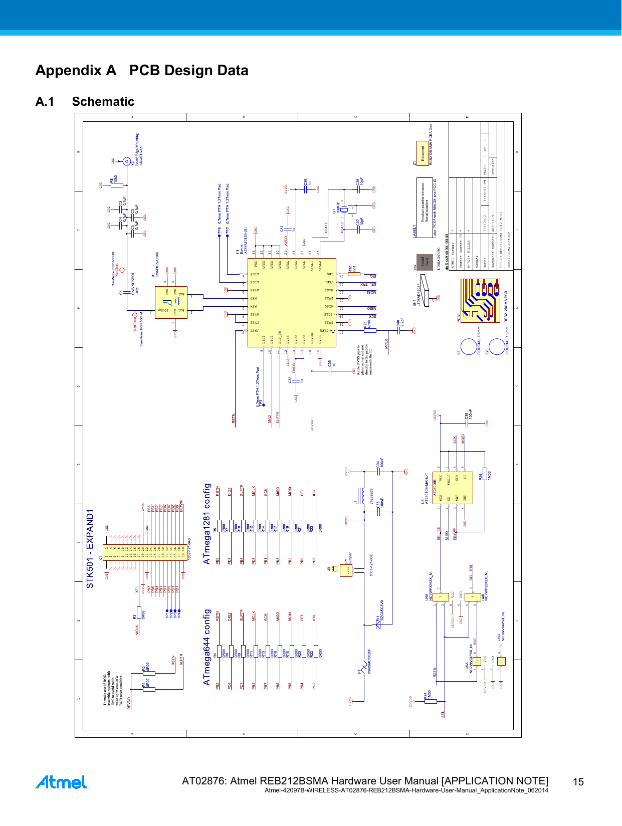  AT02876: Atmel REB212BSMA Hardware User Manual [APPLICATION NOTE] Atmel-42097B-WIRELESS-AT02876-REB212BSMA-Hardware-User-Manual_ApplicationNote_062014  15 Appendix A PCB Design Data A.1 Schematic  