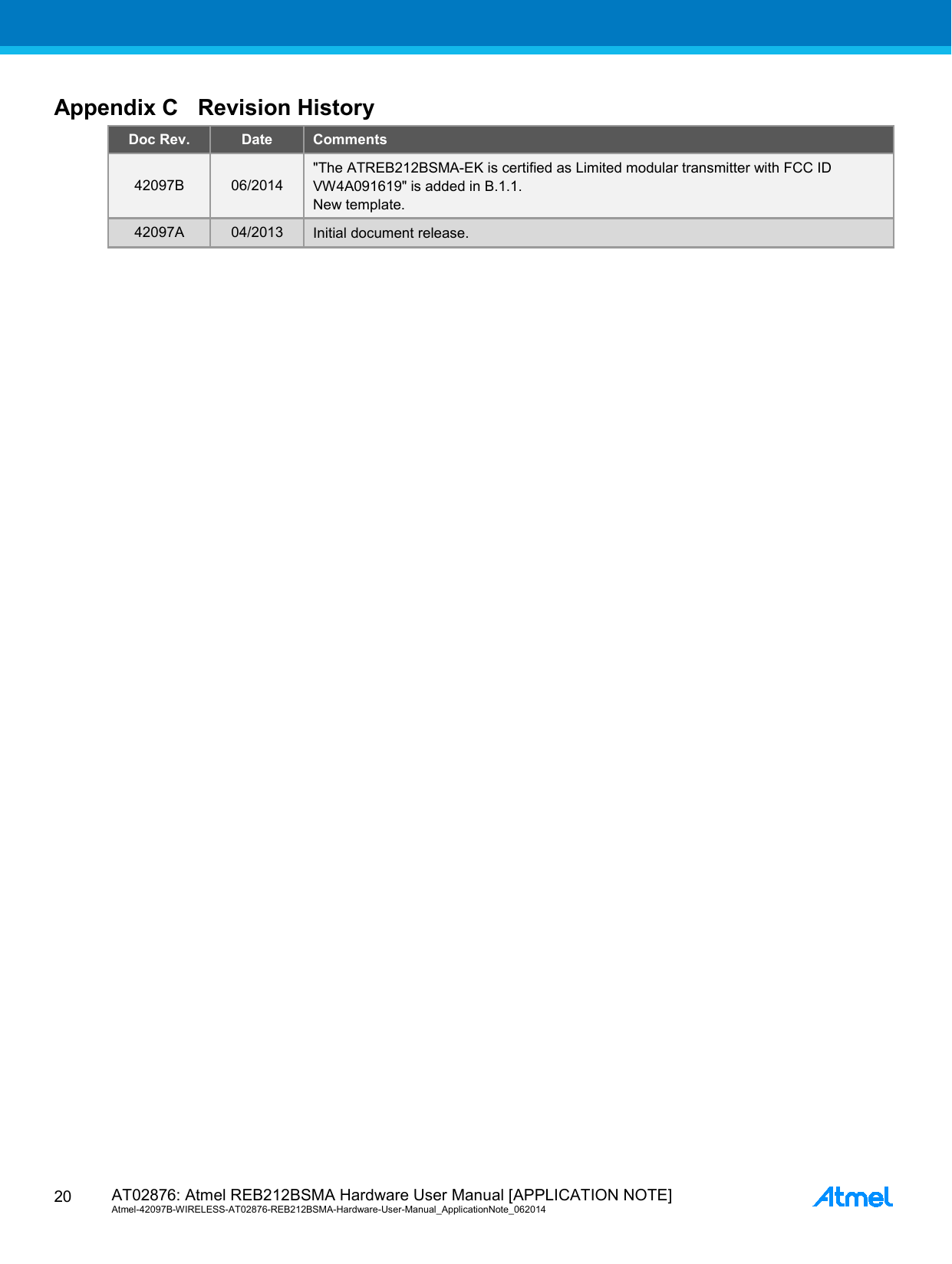  AT02876: Atmel REB212BSMA Hardware User Manual [APPLICATION NOTE] Atmel-42097B-WIRELESS-AT02876-REB212BSMA-Hardware-User-Manual_ApplicationNote_062014  20 Appendix C Revision History Doc Rev. Date Comments 42097B 06/2014 &quot;The ATREB212BSMA-EK is certified as Limited modular transmitter with FCC ID VW4A091619&quot; is added in B.1.1. New template. 42097A 04/2013  Initial document release.     