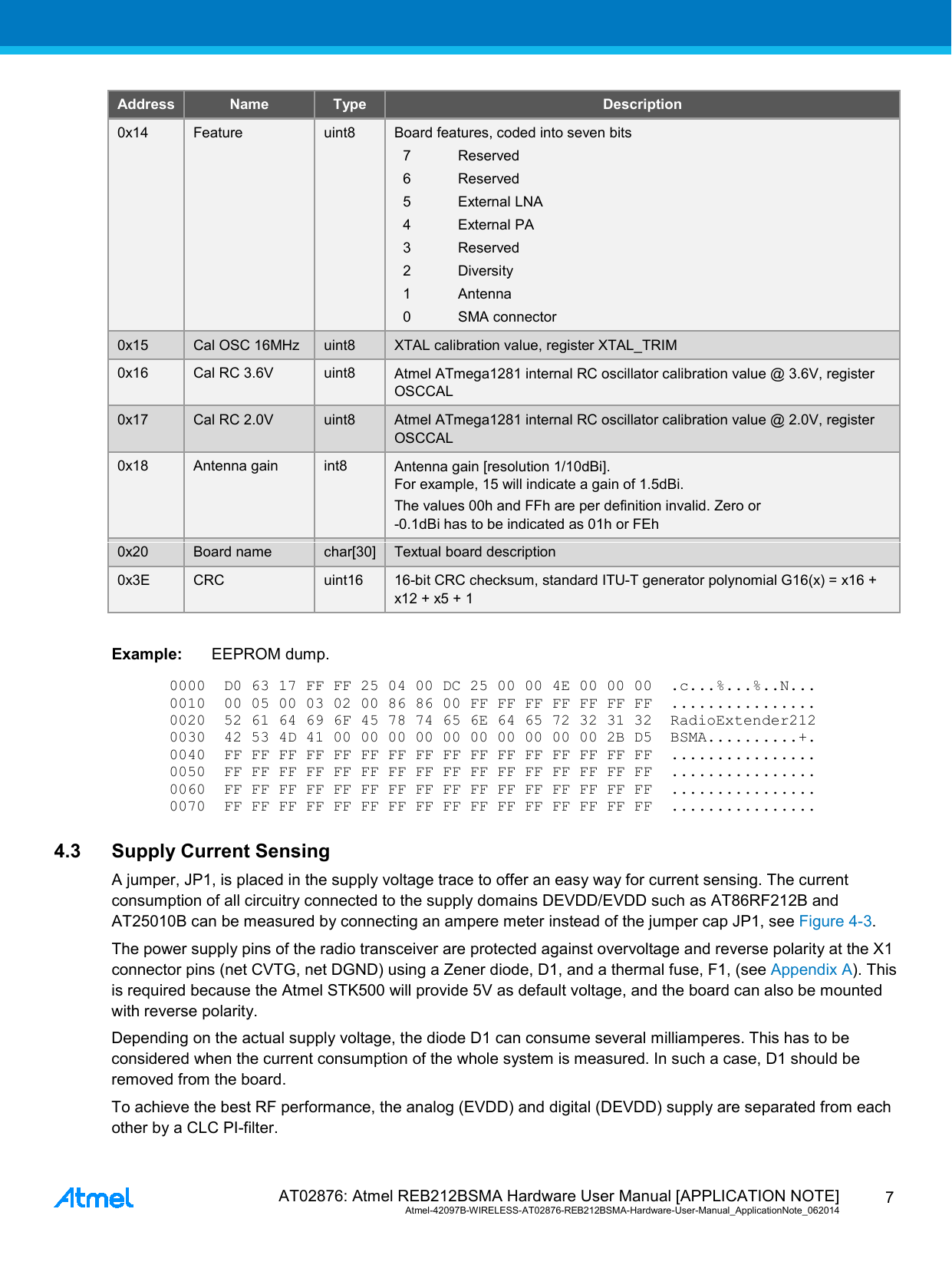  AT02876: Atmel REB212BSMA Hardware User Manual [APPLICATION NOTE] Atmel-42097B-WIRELESS-AT02876-REB212BSMA-Hardware-User-Manual_ApplicationNote_062014  7 Address Name Type Description 0x14 Feature uint8 Board features, coded into seven bits 7  Reserved 6  Reserved 5  External LNA 4  External PA 3  Reserved 2  Diversity 1  Antenna 0  SMA connector  0x15 Cal OSC 16MHz uint8 XTAL calibration value, register XTAL_TRIM 0x16 Cal RC 3.6V uint8 Atmel ATmega1281 internal RC oscillator calibration value @ 3.6V, register OSCCAL 0x17 Cal RC 2.0V uint8 Atmel ATmega1281 internal RC oscillator calibration value @ 2.0V, register OSCCAL 0x18 Antenna gain int8 Antenna gain [resolution 1/10dBi]. For example, 15 will indicate a gain of 1.5dBi. The values 00h and FFh are per definition invalid. Zero or -0.1dBi has to be indicated as 01h or FEh 0x20 Board name char[30] Textual board description 0x3E CRC uint16 16-bit CRC checksum, standard ITU-T generator polynomial G16(x) = x16 + x12 + x5 + 1  Example: EEPROM dump. 0000  D0 63 17 FF FF 25 04 00 DC 25 00 00 4E 00 00 00  .c...%...%..N... 0010  00 05 00 03 02 00 86 86 00 FF FF FF FF FF FF FF  ................ 0020  52 61 64 69 6F 45 78 74 65 6E 64 65 72 32 31 32  RadioExtender212 0030  42 53 4D 41 00 00 00 00 00 00 00 00 00 00 2B D5  BSMA..........+. 0040  FF FF FF FF FF FF FF FF FF FF FF FF FF FF FF FF  ................ 0050  FF FF FF FF FF FF FF FF FF FF FF FF FF FF FF FF  ................ 0060  FF FF FF FF FF FF FF FF FF FF FF FF FF FF FF FF  ................ 0070  FF FF FF FF FF FF FF FF FF FF FF FF FF FF FF FF  ................ 4.3 Supply Current Sensing A jumper, JP1, is placed in the supply voltage trace to offer an easy way for current sensing. The current consumption of all circuitry connected to the supply domains DEVDD/EVDD such as AT86RF212B and AT25010B can be measured by connecting an ampere meter instead of the jumper cap JP1, see Figure 4-3. The power supply pins of the radio transceiver are protected against overvoltage and reverse polarity at the X1 connector pins (net CVTG, net DGND) using a Zener diode, D1, and a thermal fuse, F1, (see Appendix A). This is required because the Atmel STK500 will provide 5V as default voltage, and the board can also be mounted with reverse polarity. Depending on the actual supply voltage, the diode D1 can consume several milliamperes. This has to be considered when the current consumption of the whole system is measured. In such a case, D1 should be removed from the board. To achieve the best RF performance, the analog (EVDD) and digital (DEVDD) supply are separated from each other by a CLC PI-filter. 