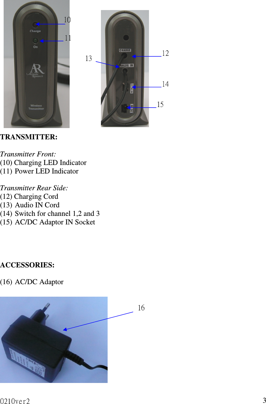 3                  TRANSMITTER:  Transmitter Front: (10) Charging LED Indicator (11) Power LED Indicator                                                            Transmitter Rear Side: (12) Charging Cord (13) Audio IN Cord     (14) Switch for channel 1,2 and 3 (15) AC/DC Adaptor IN Socket       ACCESSORIES:  (16) AC/DC Adaptor              