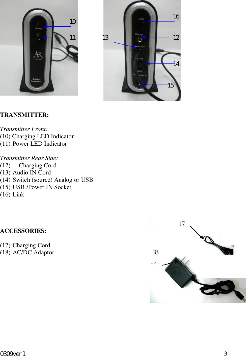 0309ver1 3TRANSMITTER:Transmitter Front:(10) Charging LED Indicator(11) Power LED IndicatorTransmitter Rear Side:(12) Charging Cord(13) Audio IN Cord(14) Switch (source) Analog or USB(15) USB /Power IN Socket(16) LinkACCESSORIES:(17) Charging Cord(18) AC/DC Adaptor1011 121314151618