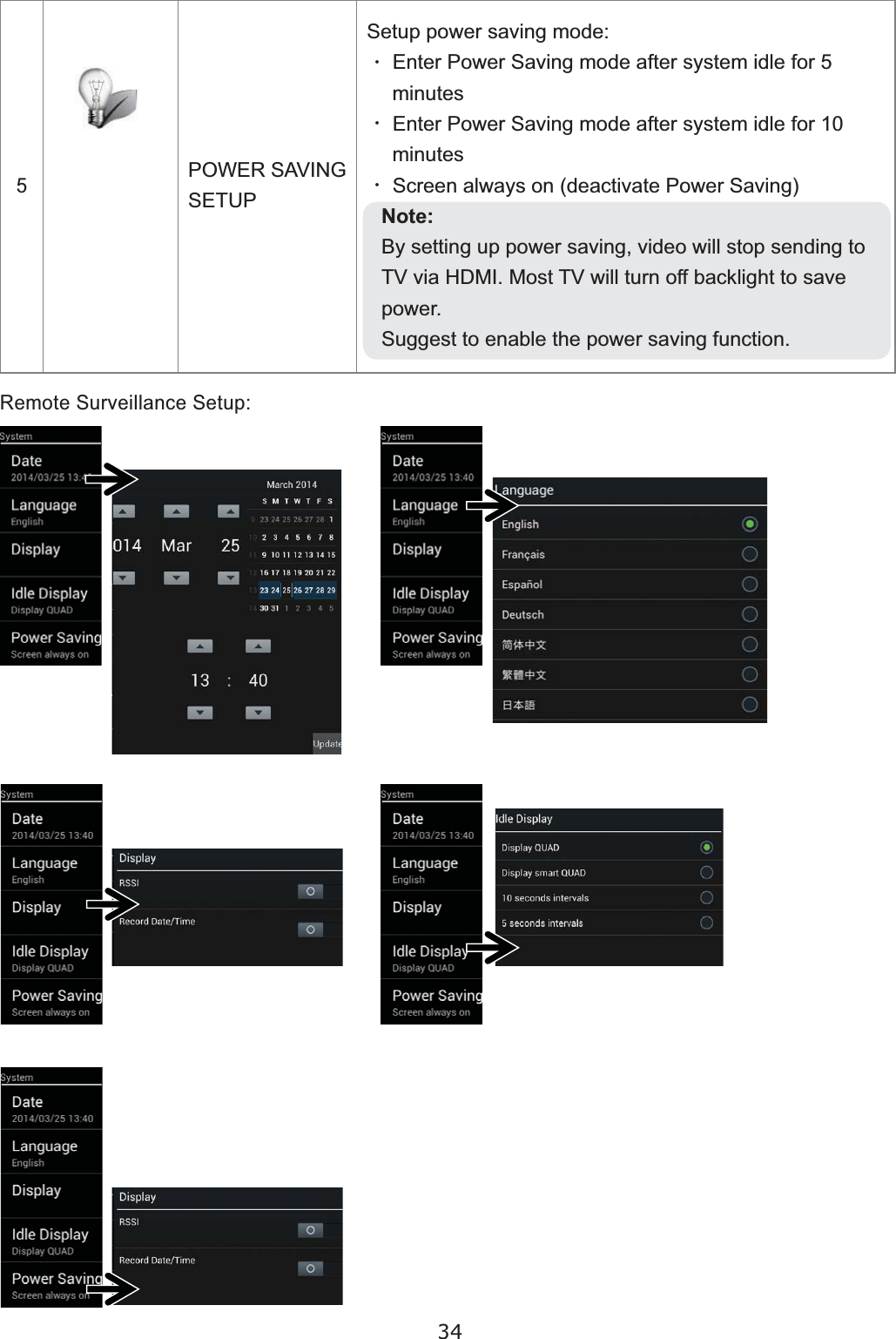 345POWER SAVINGSETUP6HWXSSRZHUVDYLQJPRGH• (QWHU3RZHU6DYLQJPRGHDIWHUV\VWHPLGOHIRUPLQXWHV• (QWHU3RZHU6DYLQJPRGHDIWHUV\VWHPLGOHIRUPLQXWHV• 6FUHHQDOZD\VRQGHDFWLYDWH3RZHU6DYLQJNote:%\VHWWLQJXSSRZHUVDYLQJYLGHRZLOOVWRSVHQGLQJWR79YLD+&apos;0,0RVW79ZLOOWXUQRIIEDFNOLJKWWRVDYHpower. 6XJJHVWWRHQDEOHWKHSRZHUVDYLQJIXQFWLRQ5HPRWH6XUYHLOODQFH6HWXS