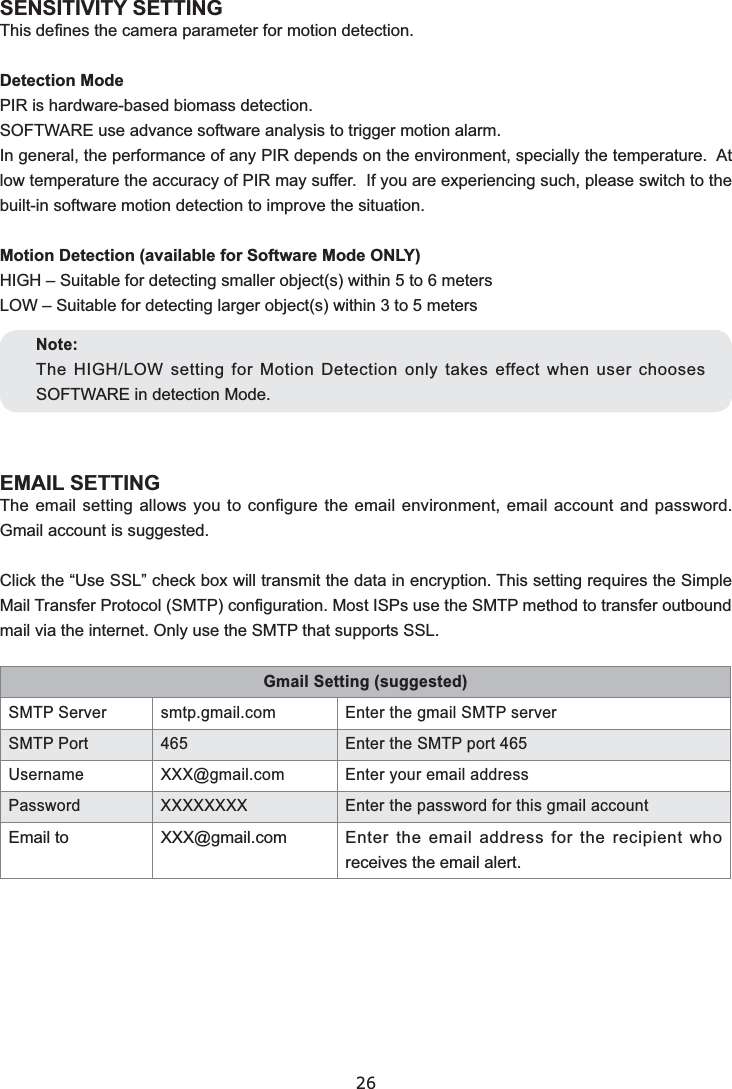 26SENSITIVITY SETTINGDetection ModeEMAIL SETTING  SMTP Port  465  Enter the SMTP port 465Username      Note: