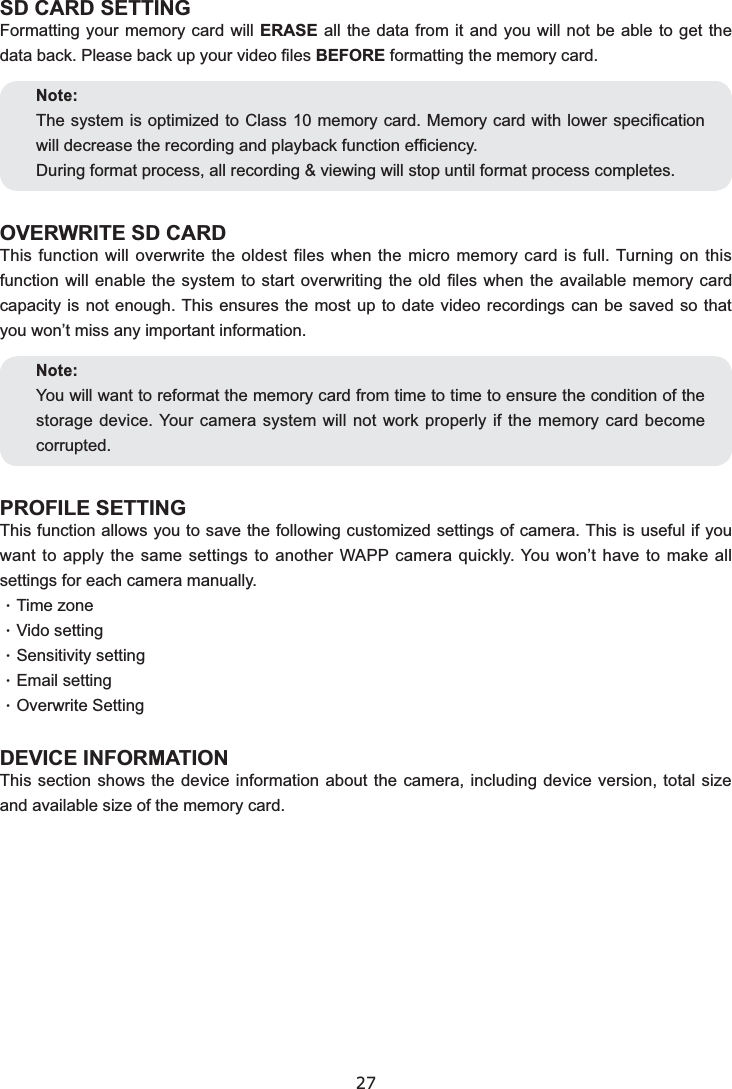 27SD CARD SETTINGERASEOVERWRITE SD CARD•••••Note:Note: