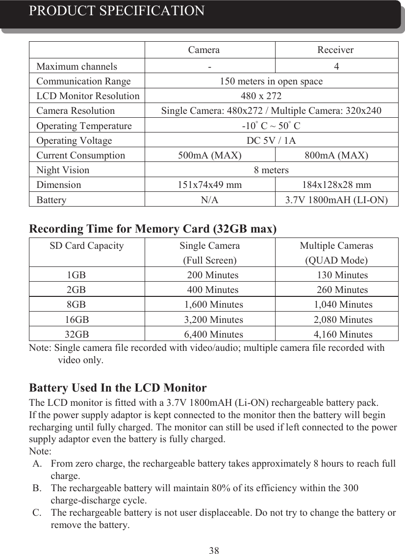 38PRODUCT SPECIFICATIONCamera ReceiverMaximum channels - 4Communication Range 150 meters in open spaceLCD Monitor Resolution 480 x 272Camera Resolution Single Camera: 480x272 / Multiple Camera: 320x240Operating Temperature -10ﾟC ~ 50ﾟCOperating Voltage DC 5V / 1ACurrent Consumption 500mA (MAX) 800mA (MAX)Night Vision 8 metersDimension 151x74x49 mm 184x128x28 mmBattery N/A 3.7V 1800mAH (LI-ON)Recording Time for Memory Card (32GB max)SD Card Capacity Single Camera(Full Screen)Multiple Cameras(QUAD Mode)1GB 200 Minutes 130 Minutes2GB 400 Minutes 260 Minutes8GB 1,600 Minutes 1,040 Minutes16GB 3,200 Minutes 2,080 Minutes32GB 6,400 Minutes 4,160 MinutesNote: Single camera file recorded with video/audio; multiple camera file recorded with video only.Battery Used In the LCD MonitorThe LCD monitor is fitted with a 3.7V 1800mAH (Li-ON) rechargeable battery pack.If the power supply adaptor is kept connected to the monitor then the battery will begin recharging until fully charged. The monitor can still be used if left connected to the power supply adaptor even the battery is fully charged.Note:A. From zero charge, the rechargeable battery takes approximately 8 hours to reach full charge.B. The rechargeable battery will maintain 80% of its efficiency within the 300charge-discharge cycle.C. The rechargeable battery is not user displaceable. Do not try to change the battery or remove the battery.