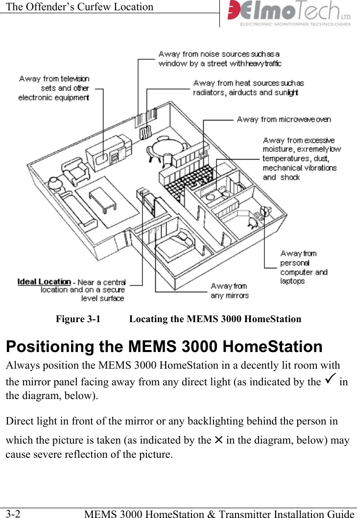 The Offender’s Curfew Location      MEMS 3000 HomeStation &amp; Transmitter Installation Guide  3-2 Figure  3-1  Locating the MEMS 3000 HomeStation Positioning the MEMS 3000 HomeStation Always position the MEMS 3000 HomeStation in a decently lit room with the mirror panel facing away from any direct light (as indicated by the 3 in the diagram, below).   Direct light in front of the mirror or any backlighting behind the person in which the picture is taken (as indicated by the × in the diagram, below) may cause severe reflection of the picture. 