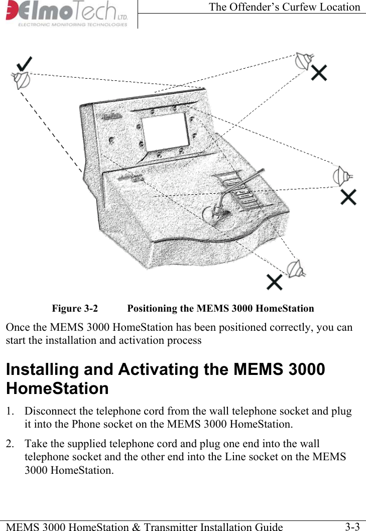 The Offender’s Curfew Location    MEMS 3000 HomeStation &amp; Transmitter Installation Guide    3-3 Figure  3-2  Positioning the MEMS 3000 HomeStation  Once the MEMS 3000 HomeStation has been positioned correctly, you can start the installation and activation process Installing and Activating the MEMS 3000 HomeStation 1.  Disconnect the telephone cord from the wall telephone socket and plug it into the Phone socket on the MEMS 3000 HomeStation. 2.  Take the supplied telephone cord and plug one end into the wall telephone socket and the other end into the Line socket on the MEMS 3000 HomeStation. 
