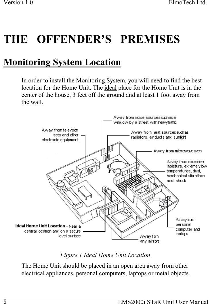 Version 1.0  ElmoTech Ltd.  THE   OFFENDER’S   PREMISES Monitoring System Location  In order to install the Monitoring System, you will need to find the best location for the Home Unit. The ideal place for the Home Unit is in the center of the house, 3 feet off the ground and at least 1 foot away from the wall.   Figure 1 Ideal Home Unit Location The Home Unit should be placed in an open area away from other electrical appliances, personal computers, laptops or metal objects.   EMS2000i STaR Unit User Manual  8