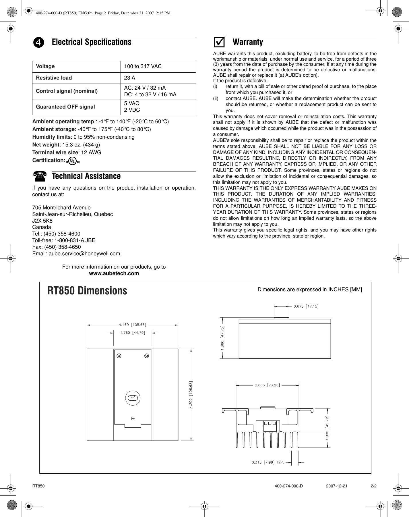 Page 2 of 2 - Aube-Technologies Aube-Technologies-Electric-Heating-Solid-State-Relay-Rt850-Users-Manual- 400-274-000-D (RT850) ENG Aube-technologies-electric-heating-solid-state-relay-rt850-users-manual