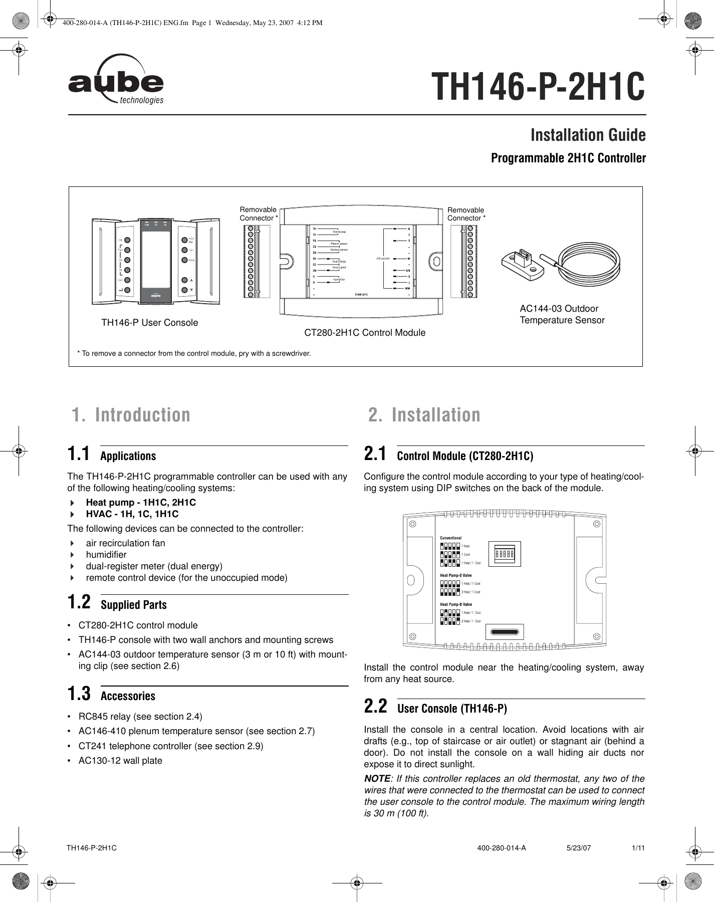 Page 1 of 11 - Aube-Technologies Aube-Technologies-Hvac-Th146-P-2H1C-Users-Manual- 400-280-014-A (TH146-P-2H1C) ENG  Aube-technologies-hvac-th146-p-2h1c-users-manual