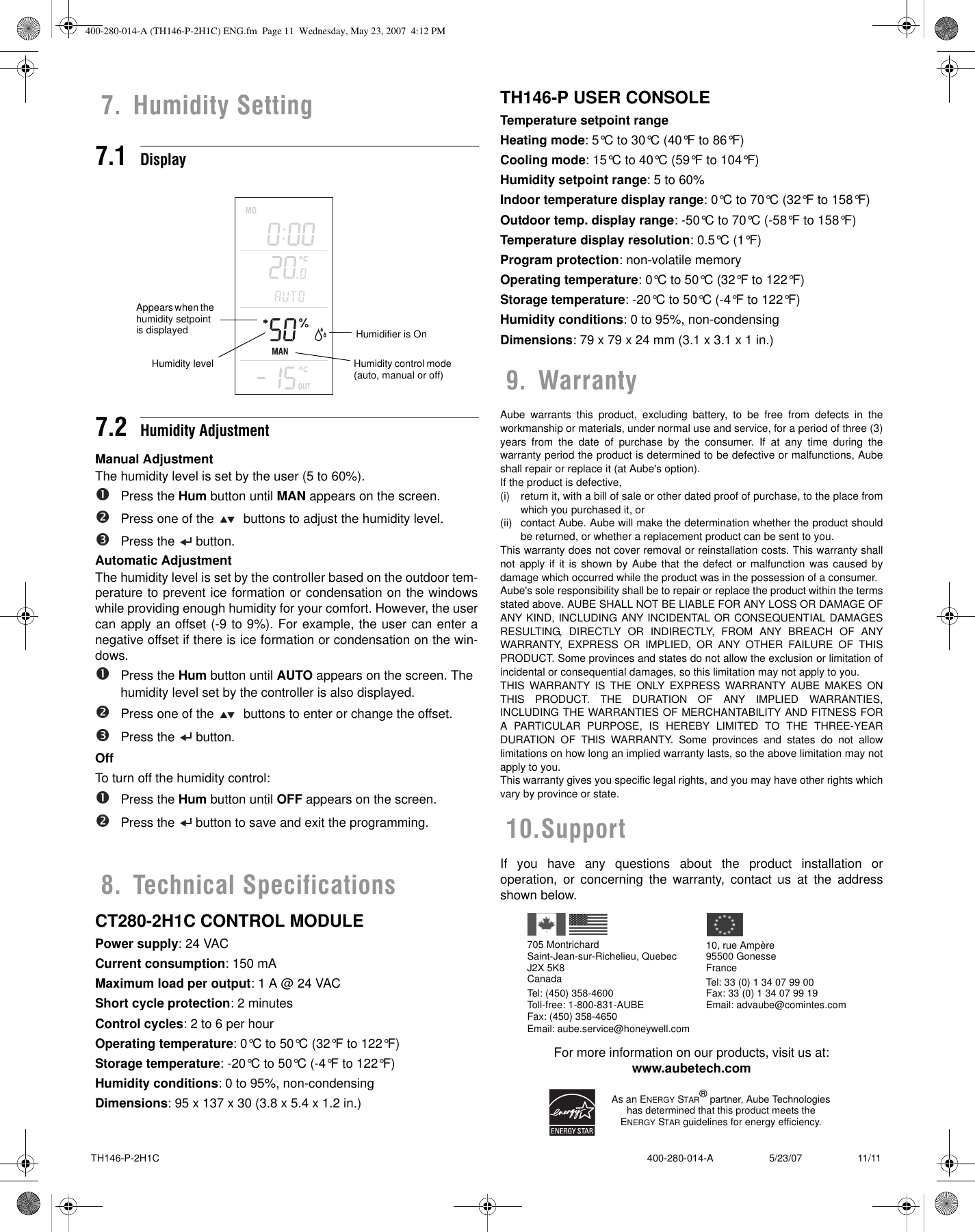 Page 11 of 11 - Aube-Technologies Aube-Technologies-Hvac-Th146-P-2H1C-Users-Manual- 400-280-014-A (TH146-P-2H1C) ENG  Aube-technologies-hvac-th146-p-2h1c-users-manual