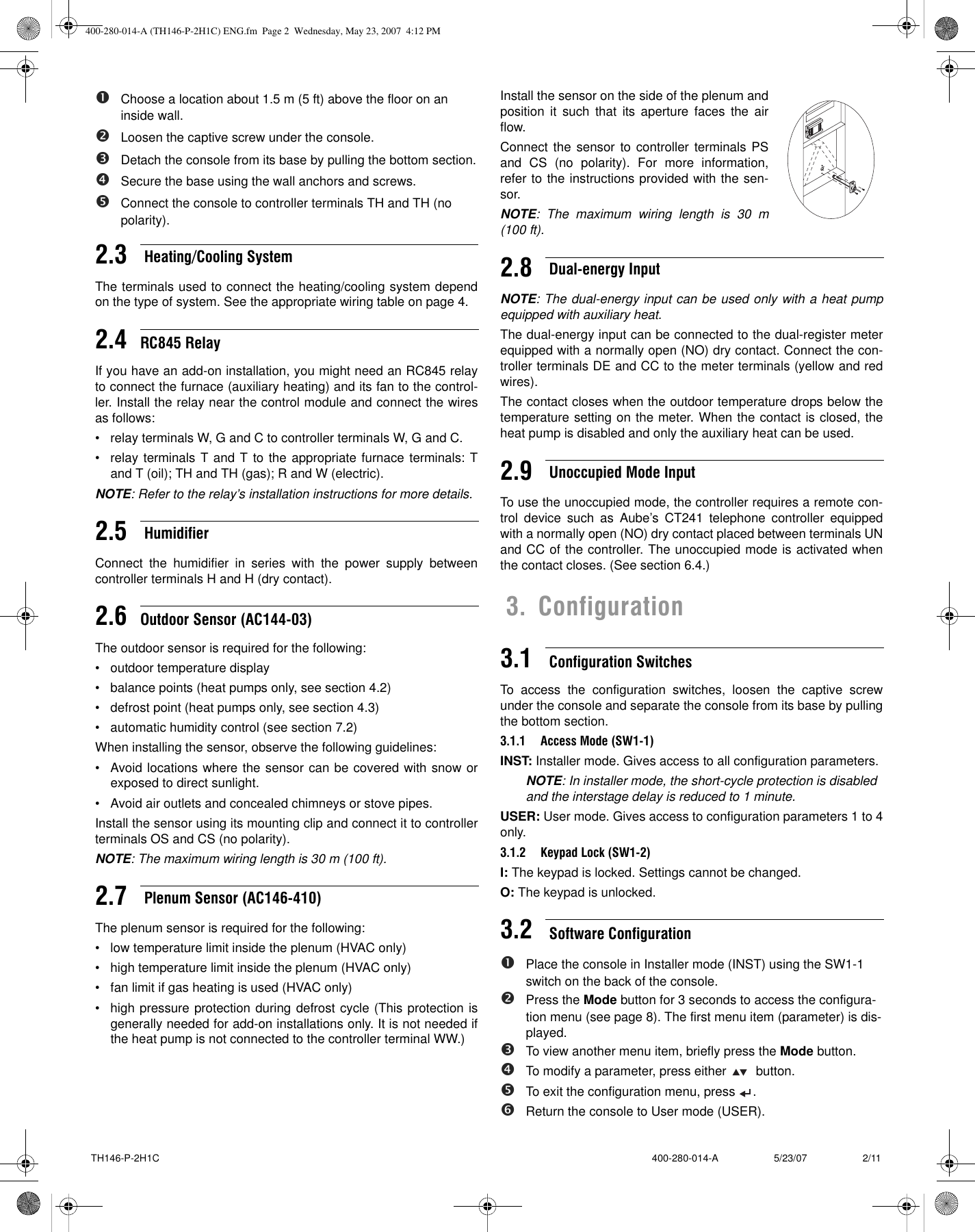 Page 2 of 11 - Aube-Technologies Aube-Technologies-Hvac-Th146-P-2H1C-Users-Manual- 400-280-014-A (TH146-P-2H1C) ENG  Aube-technologies-hvac-th146-p-2h1c-users-manual