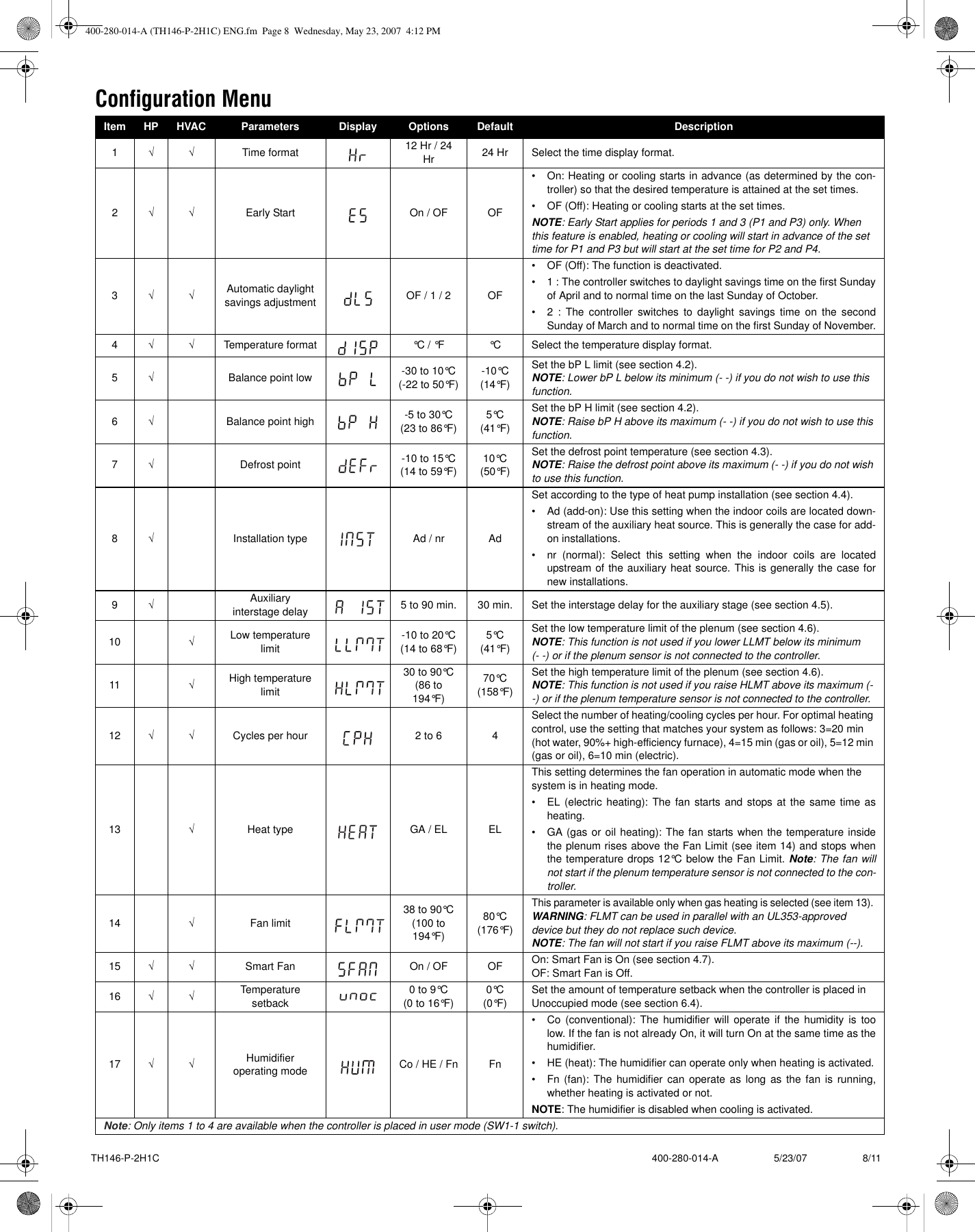 Page 8 of 11 - Aube-Technologies Aube-Technologies-Hvac-Th146-P-2H1C-Users-Manual- 400-280-014-A (TH146-P-2H1C) ENG  Aube-technologies-hvac-th146-p-2h1c-users-manual