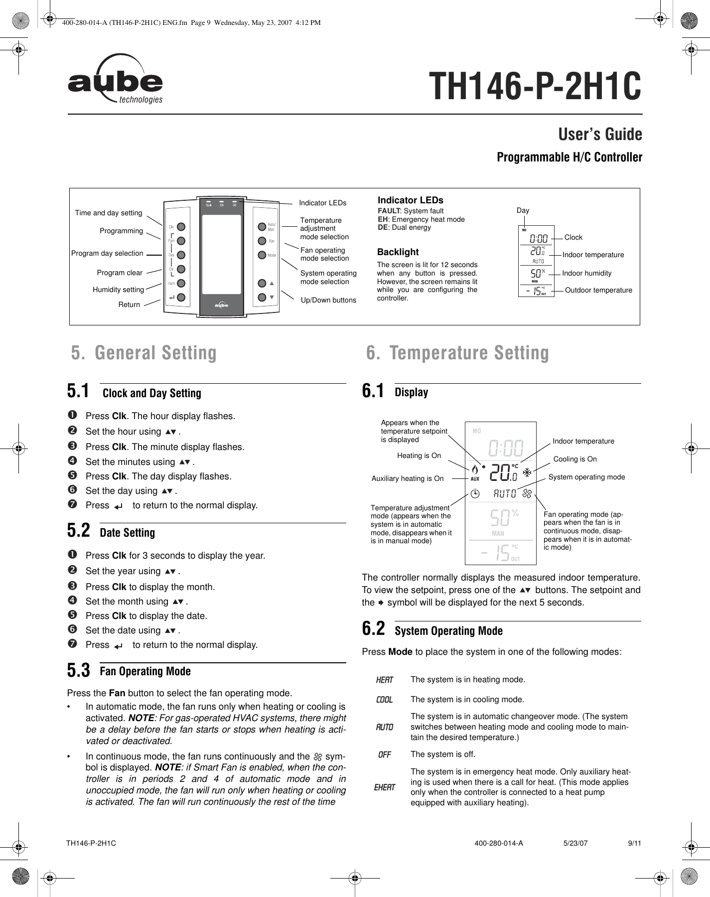 Page 9 of 11 - Aube-Technologies Aube-Technologies-Hvac-Th146-P-2H1C-Users-Manual- 400-280-014-A (TH146-P-2H1C) ENG  Aube-technologies-hvac-th146-p-2h1c-users-manual