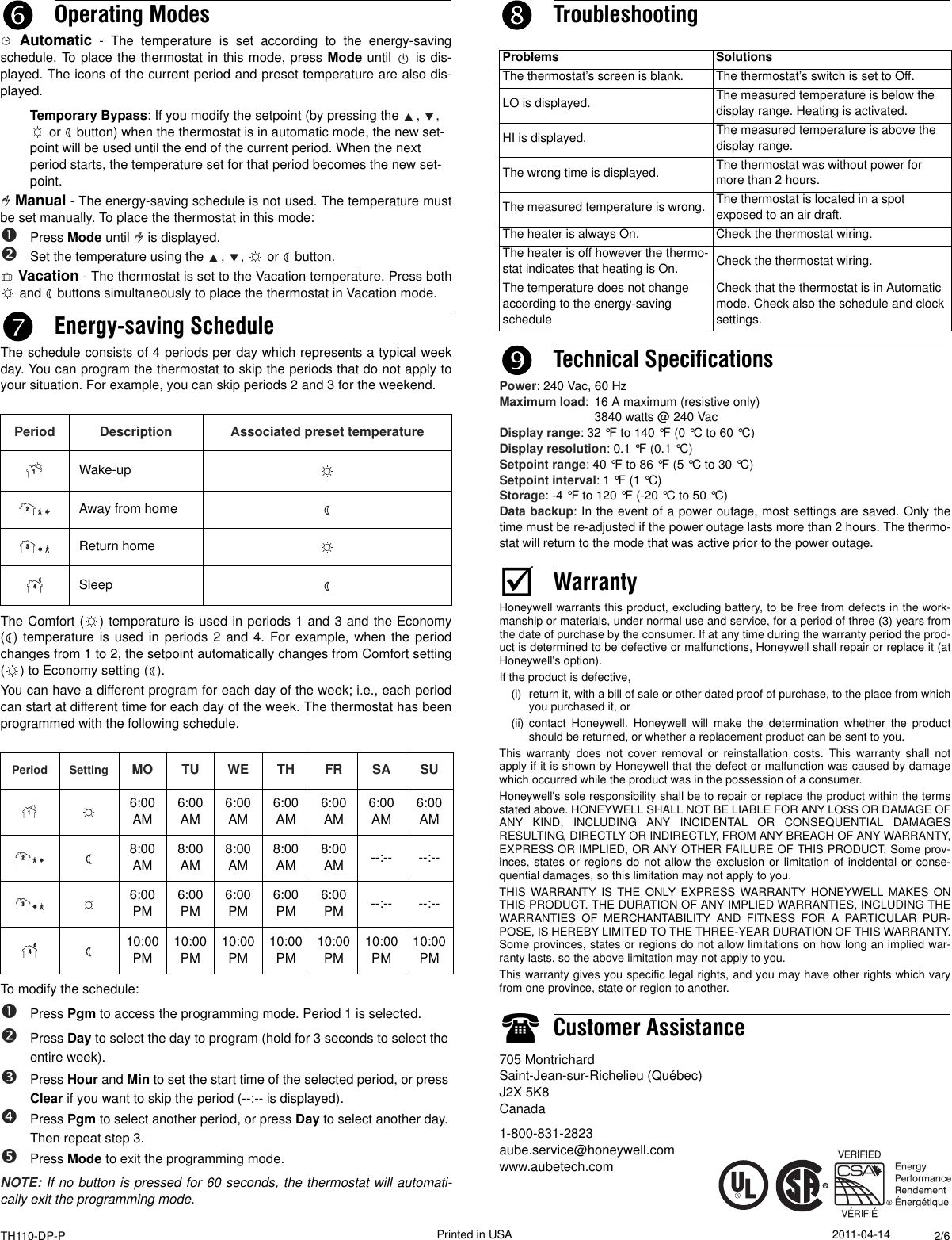 Page 2 of 6 - Aube-Technologies Aube-Technologies-Inc-Thermostat-Programmable-Thermostat-Users-Manual- 69-2635EFS-01 (TH110-DP-P)  Aube-technologies-inc-thermostat-programmable-thermostat-users-manual