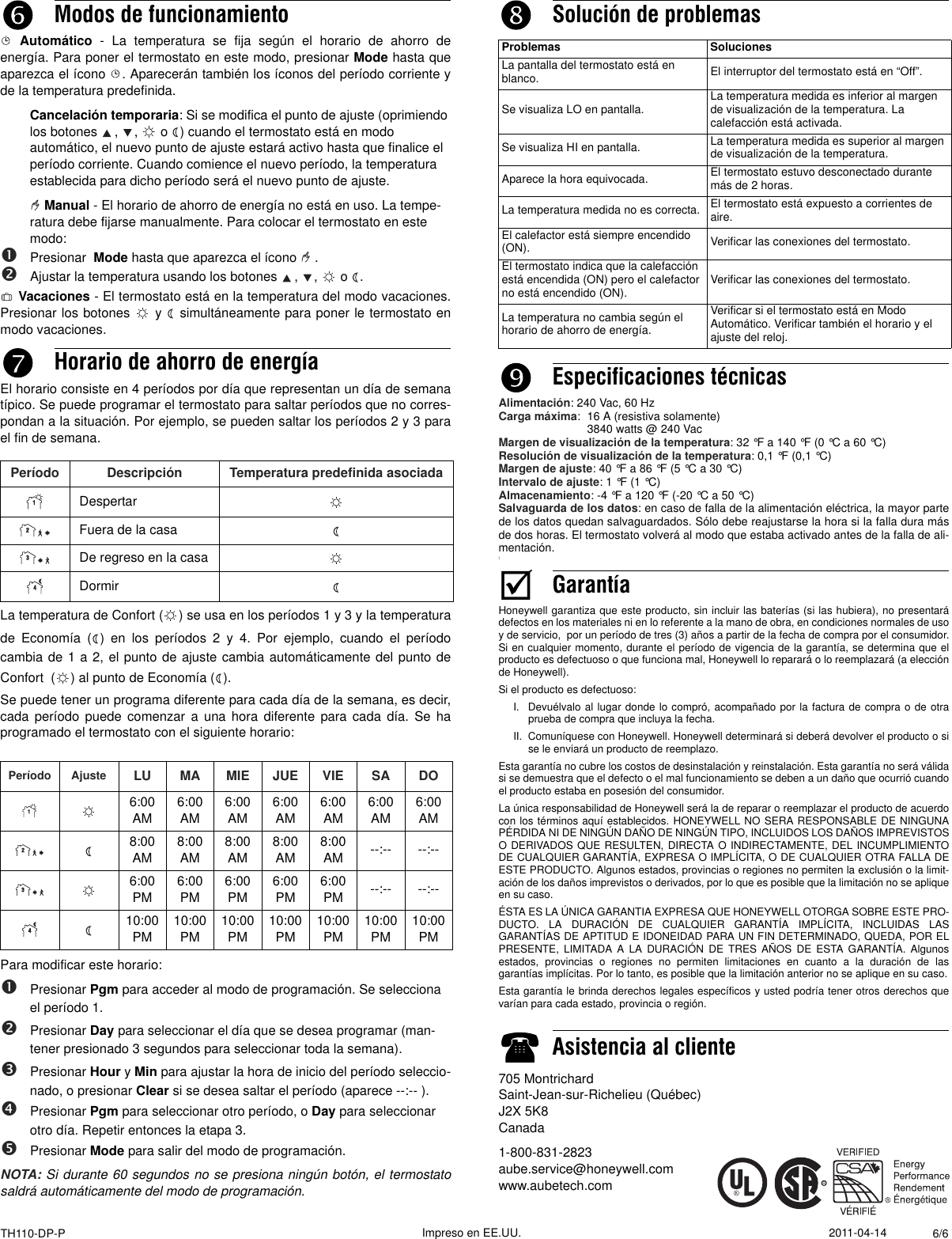 Page 6 of 6 - Aube-Technologies Aube-Technologies-Inc-Thermostat-Programmable-Thermostat-Users-Manual- 69-2635EFS-01 (TH110-DP-P)  Aube-technologies-inc-thermostat-programmable-thermostat-users-manual