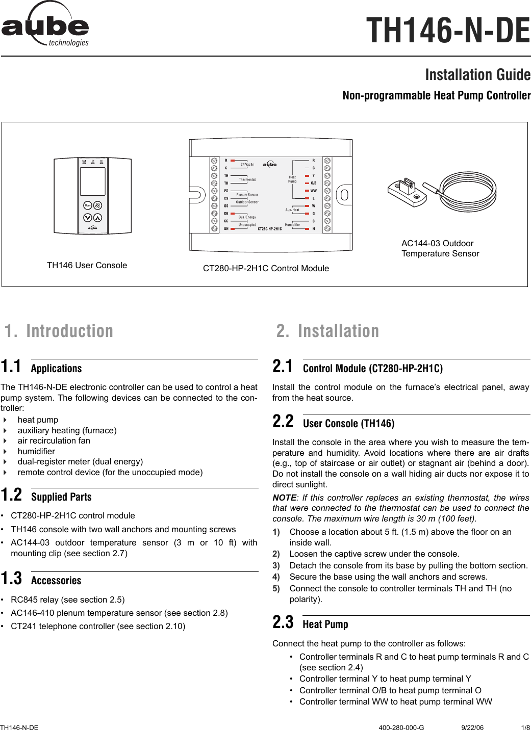 Page 1 of 8 - Aube-Technologies Aube-Technologies-Non-Programmable-Heat-Pump-Controller-Th146-N-De-Users-Manual- 400-280-000-G (TH146-N-DE) ENG (print At 90% Scale)  Aube-technologies-non-programmable-heat-pump-controller-th146-n-de-users-manual