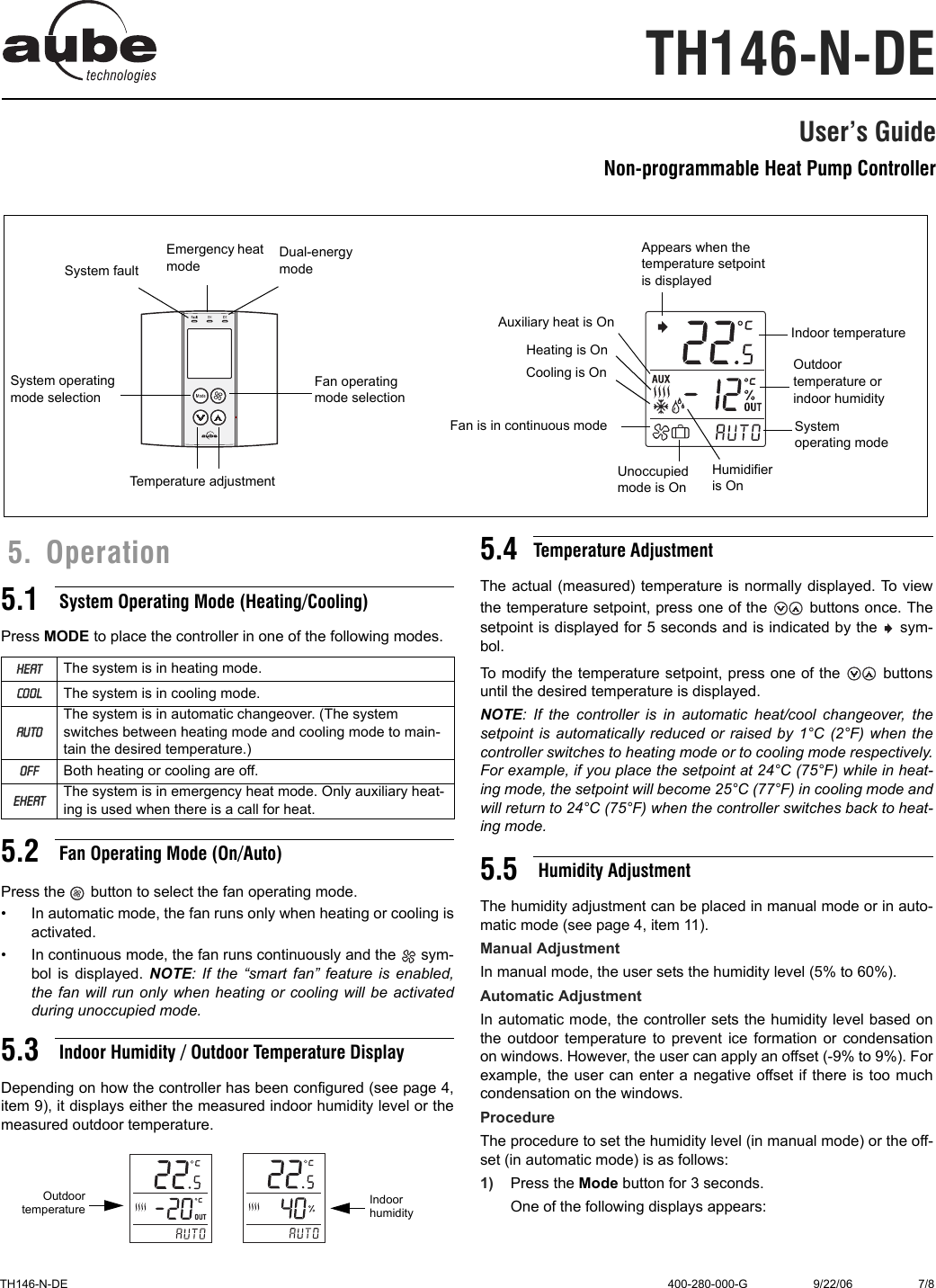 Page 7 of 8 - Aube-Technologies Aube-Technologies-Non-Programmable-Heat-Pump-Controller-Th146-N-De-Users-Manual- 400-280-000-G (TH146-N-DE) ENG (print At 90% Scale)  Aube-technologies-non-programmable-heat-pump-controller-th146-n-de-users-manual