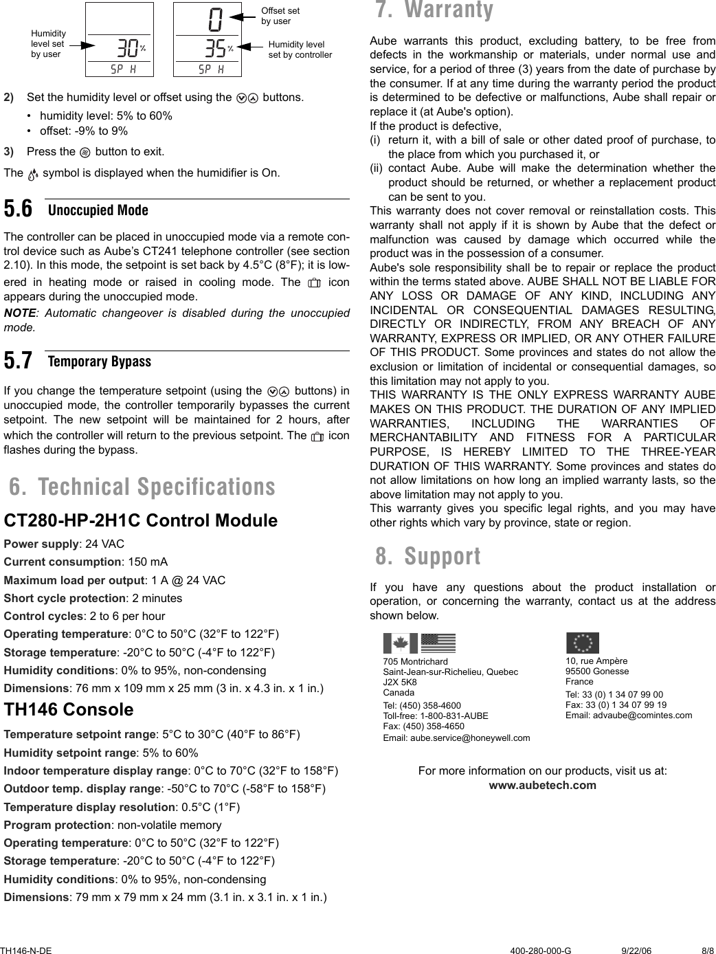 Page 8 of 8 - Aube-Technologies Aube-Technologies-Non-Programmable-Heat-Pump-Controller-Th146-N-De-Users-Manual- 400-280-000-G (TH146-N-DE) ENG (print At 90% Scale)  Aube-technologies-non-programmable-heat-pump-controller-th146-n-de-users-manual