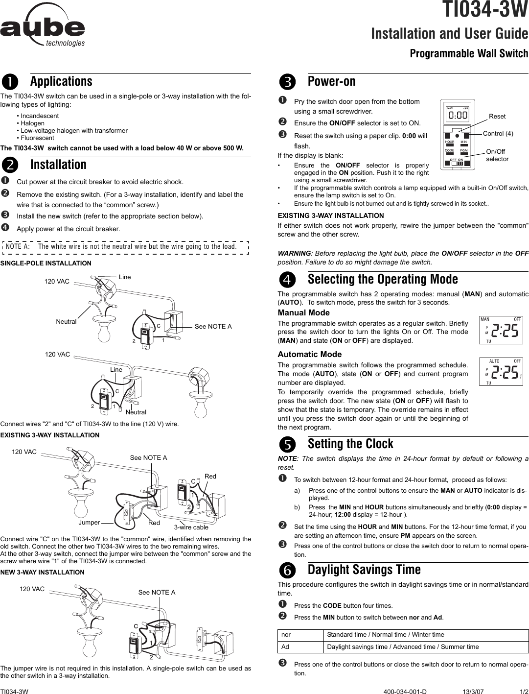 Page 1 of 4 - Aube-Technologies Aube-Technologies-Programmable-Wall-T1034-3W-Users-Manual- 400-034-001 TI034-3W Programmable Wall Switch  Aube-technologies-programmable-wall-t1034-3w-users-manual