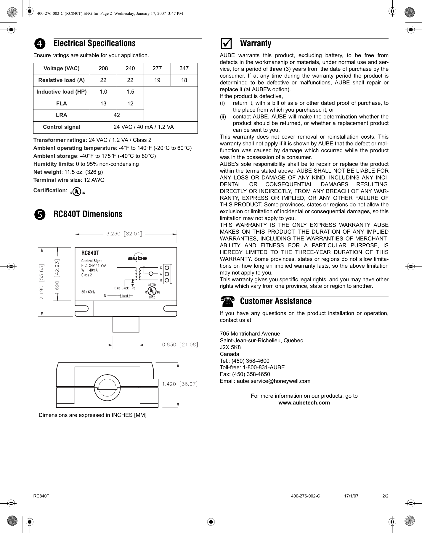 Page 2 of 2 - Aube-Technologies Aube-Technologies-Rc840T-Users-Manual- 400-276-002-C (RC840T) ENG  Aube-technologies-rc840t-users-manual