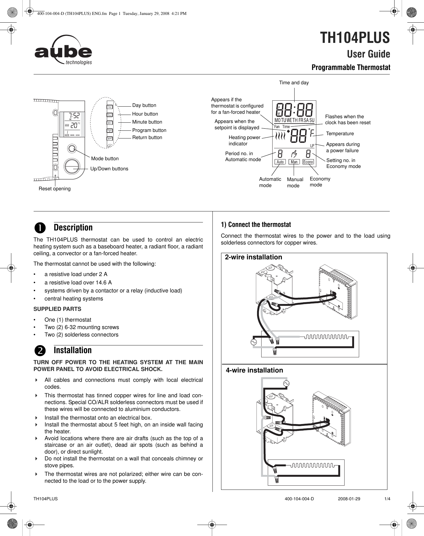 Page 1 of 4 - Aube-Technologies Aube-Technologies-Th104Plus-Users-Manual- 400-104-004-D (TH104PLUS) ENG  Aube-technologies-th104plus-users-manual