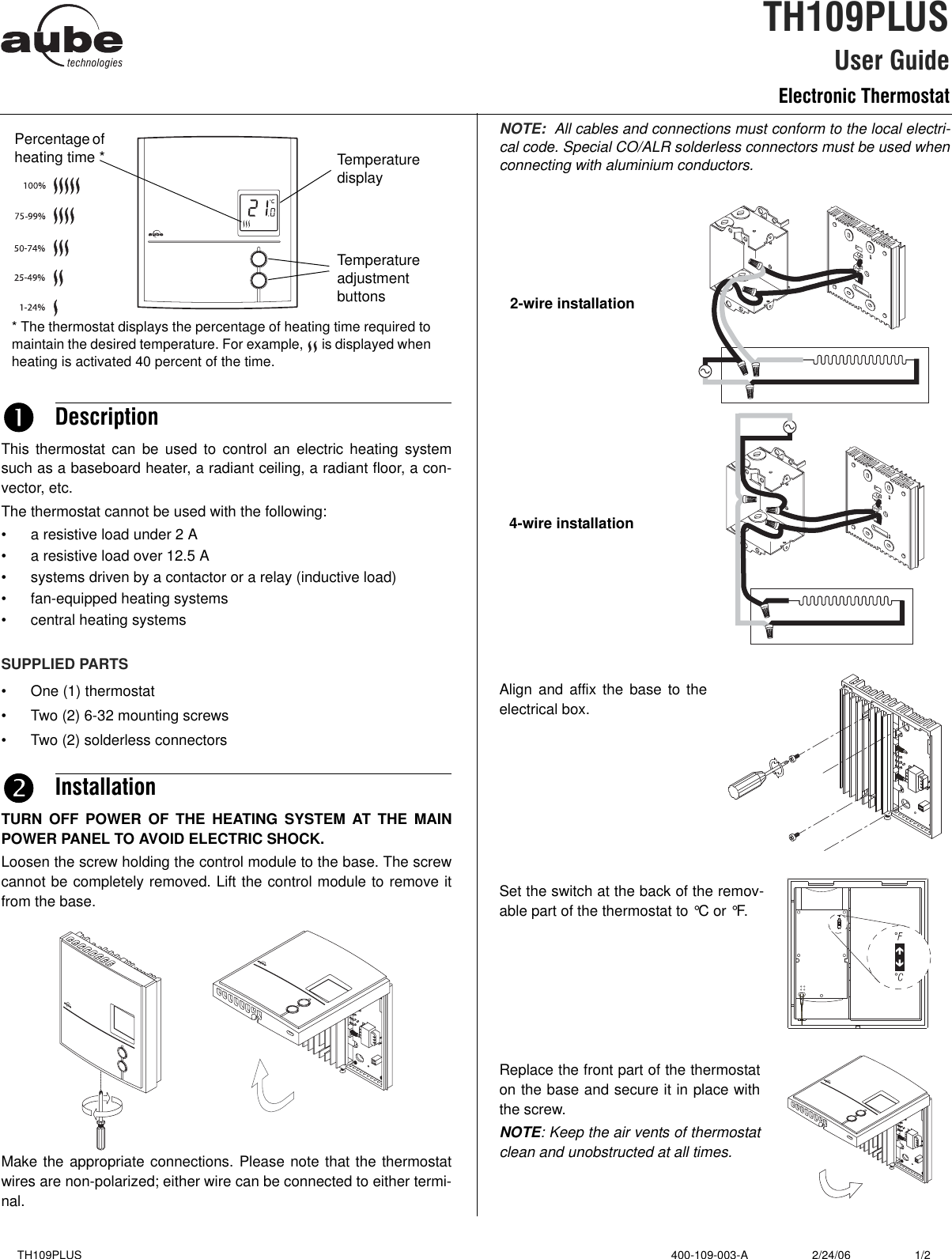 Page 1 of 2 - Aube-Technologies Aube-Technologies-Th109Plus-Users-Manual- 400-109-003-A (TH109PLUS) ENG  Aube-technologies-th109plus-users-manual