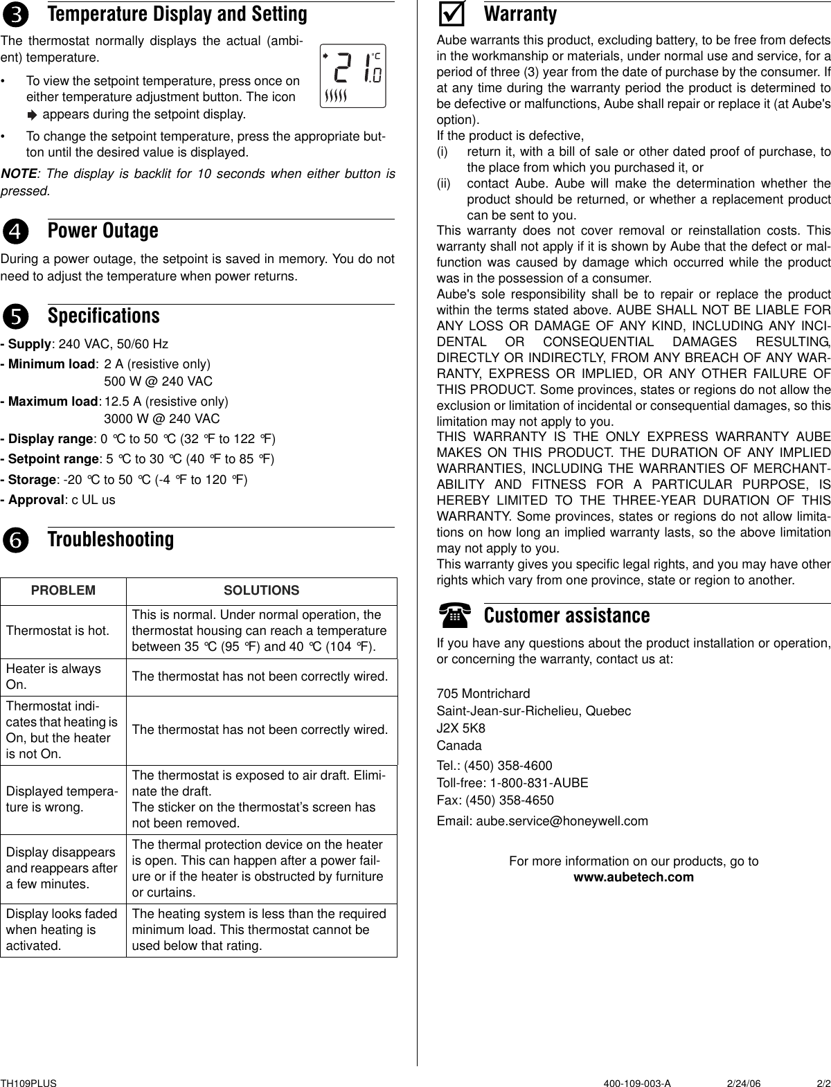 Page 2 of 2 - Aube-Technologies Aube-Technologies-Th109Plus-Users-Manual- 400-109-003-A (TH109PLUS) ENG  Aube-technologies-th109plus-users-manual