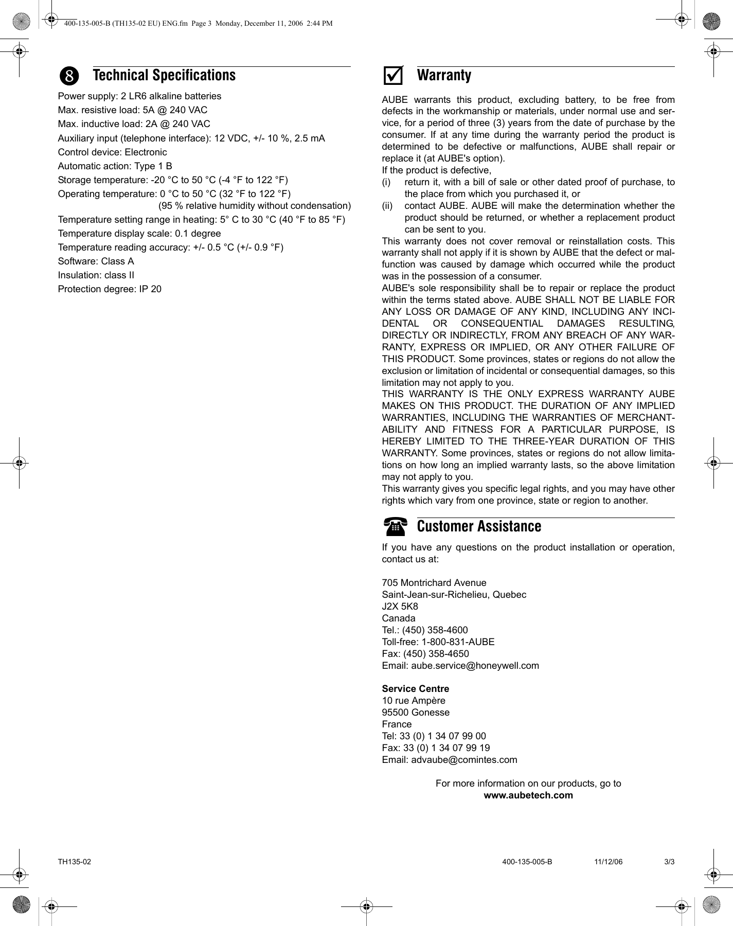 Page 3 of 3 - Aube-Technologies Aube-Technologies-Th135-02-Users-Manual- 400-135-005-B (TH135-02 EU) ENG  Aube-technologies-th135-02-users-manual