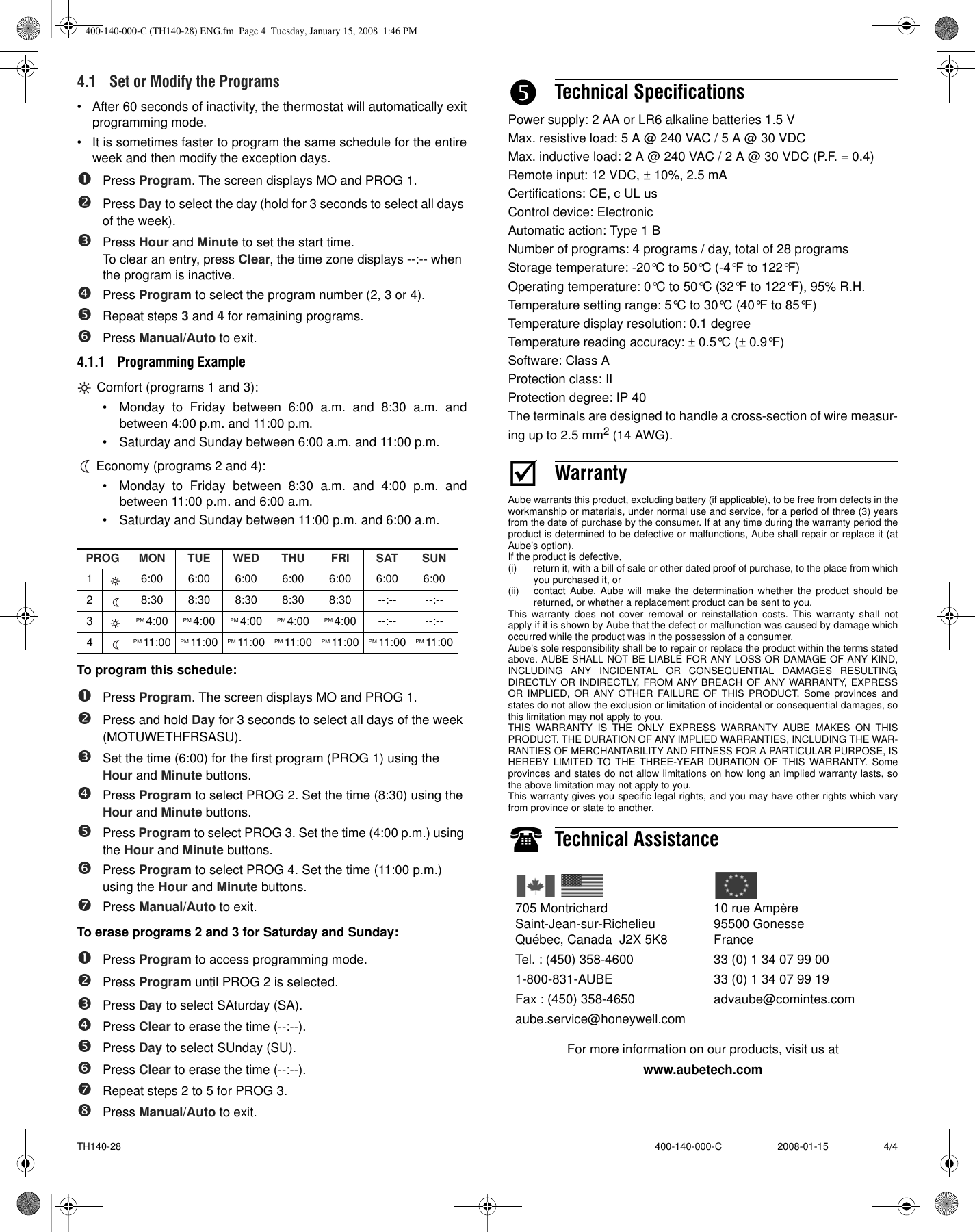 Page 4 of 4 - Aube-Technologies Aube-Technologies-Th140-28-Users-Manual- 400-140-000-C (TH140-28) ENG  Aube-technologies-th140-28-users-manual