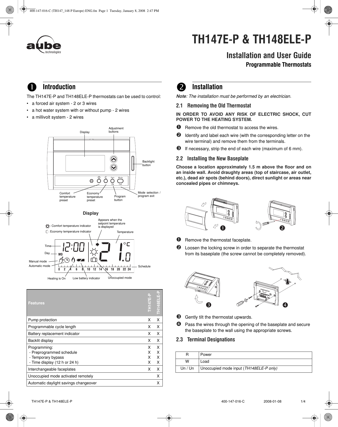 Page 1 of 4 - Aube-Technologies Aube-Technologies-Th147E-P-Users-Manual- 400-147-016-C (TH147_148 P Europe) ENG Aube-technologies-th147e-p-users-manual