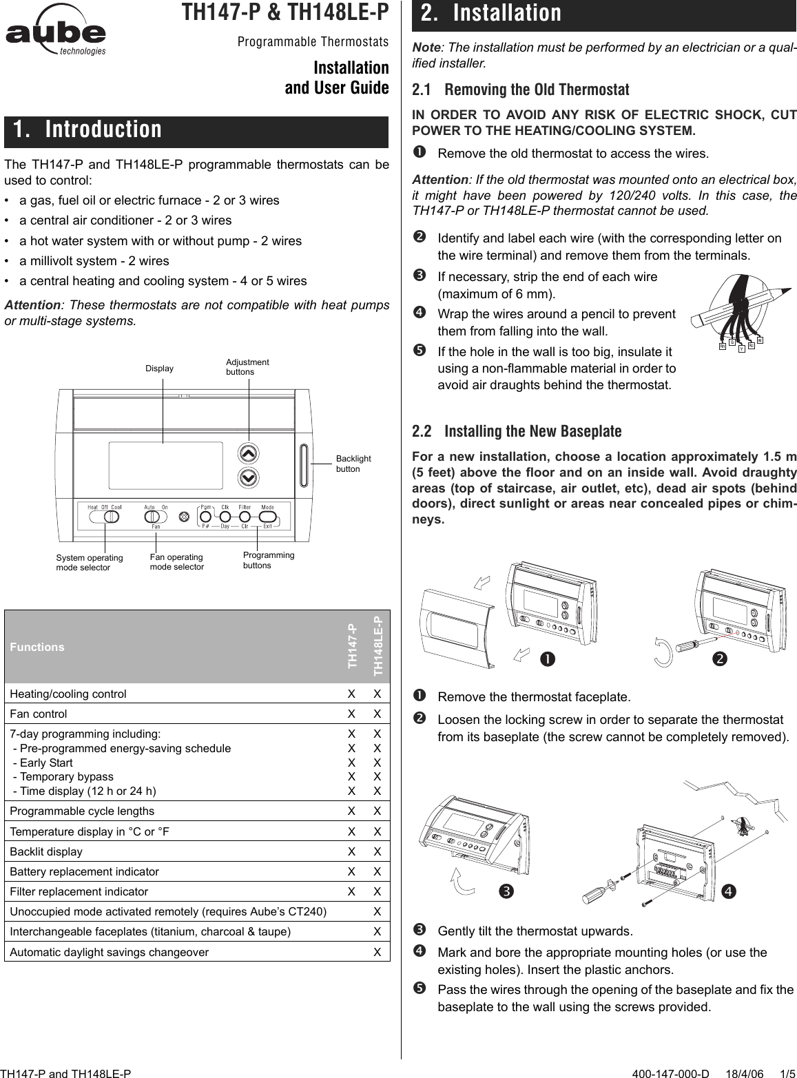 Page 1 of 5 - Aube-Technologies Aube-Technologies-Th147-P-Users-Manual- 400-147-000-D (TH147_TH148 P Aube) ENG  Aube-technologies-th147-p-users-manual