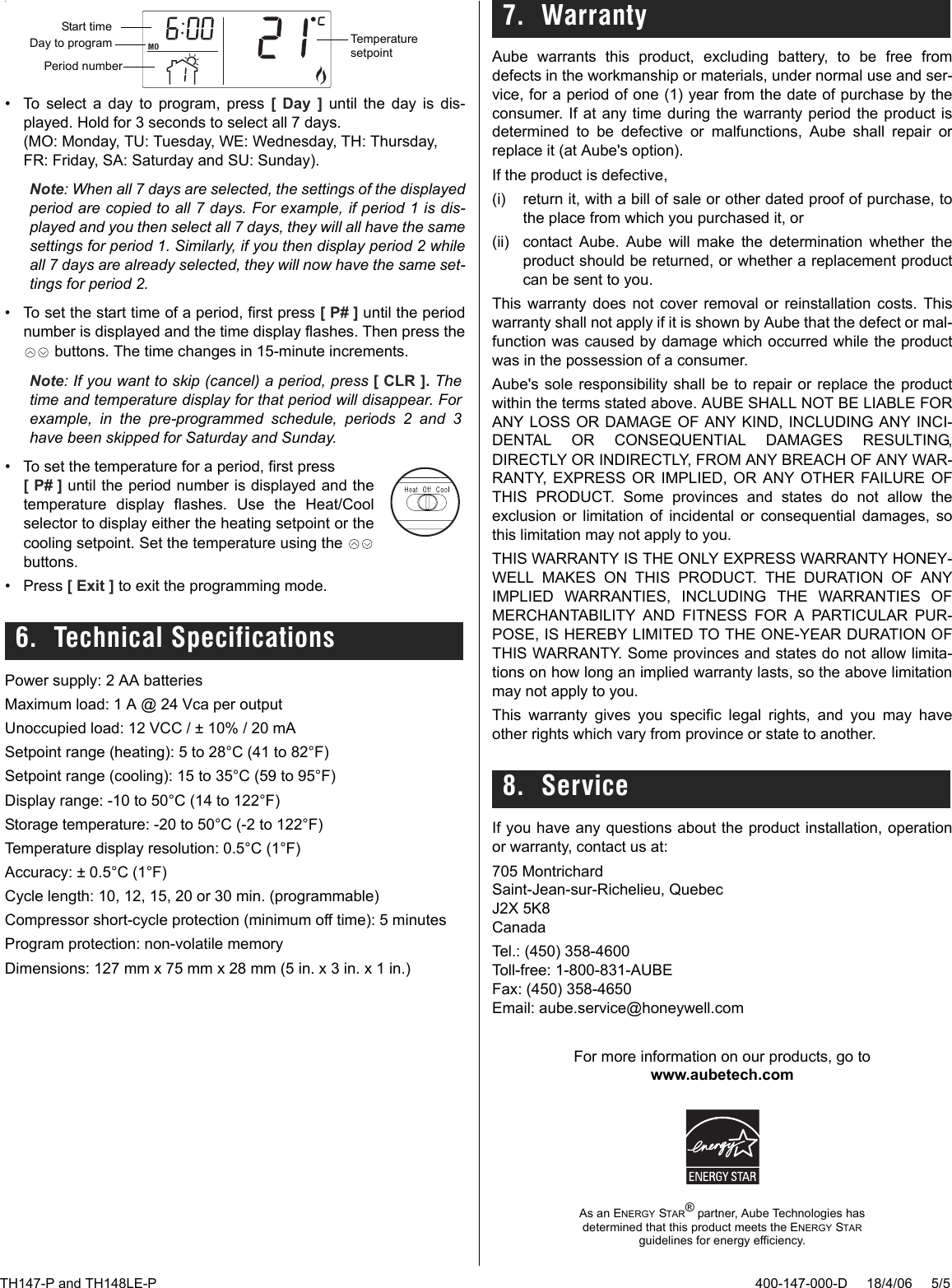 Page 5 of 5 - Aube-Technologies Aube-Technologies-Th147-P-Users-Manual- 400-147-000-D (TH147_TH148 P Aube) ENG  Aube-technologies-th147-p-users-manual