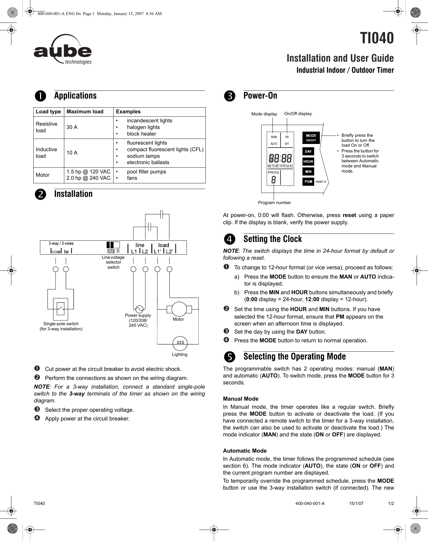 Page 1 of 2 - Aube-Technologies Aube-Technologies-Ti040-Users-Manual- 400-040-001 TI040 Industrial Indoor/Outdoor Timer  Aube-technologies-ti040-users-manual