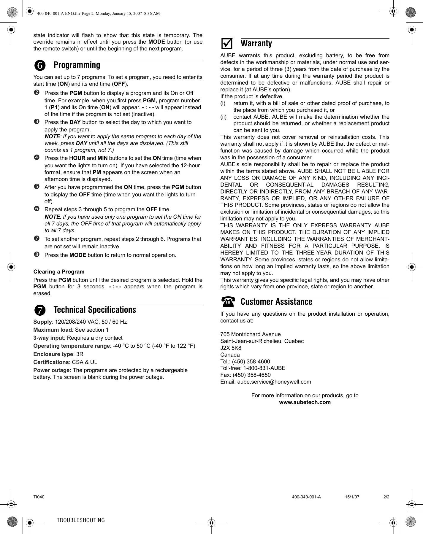 Page 2 of 2 - Aube-Technologies Aube-Technologies-Ti040-Users-Manual- 400-040-001 TI040 Industrial Indoor/Outdoor Timer  Aube-technologies-ti040-users-manual